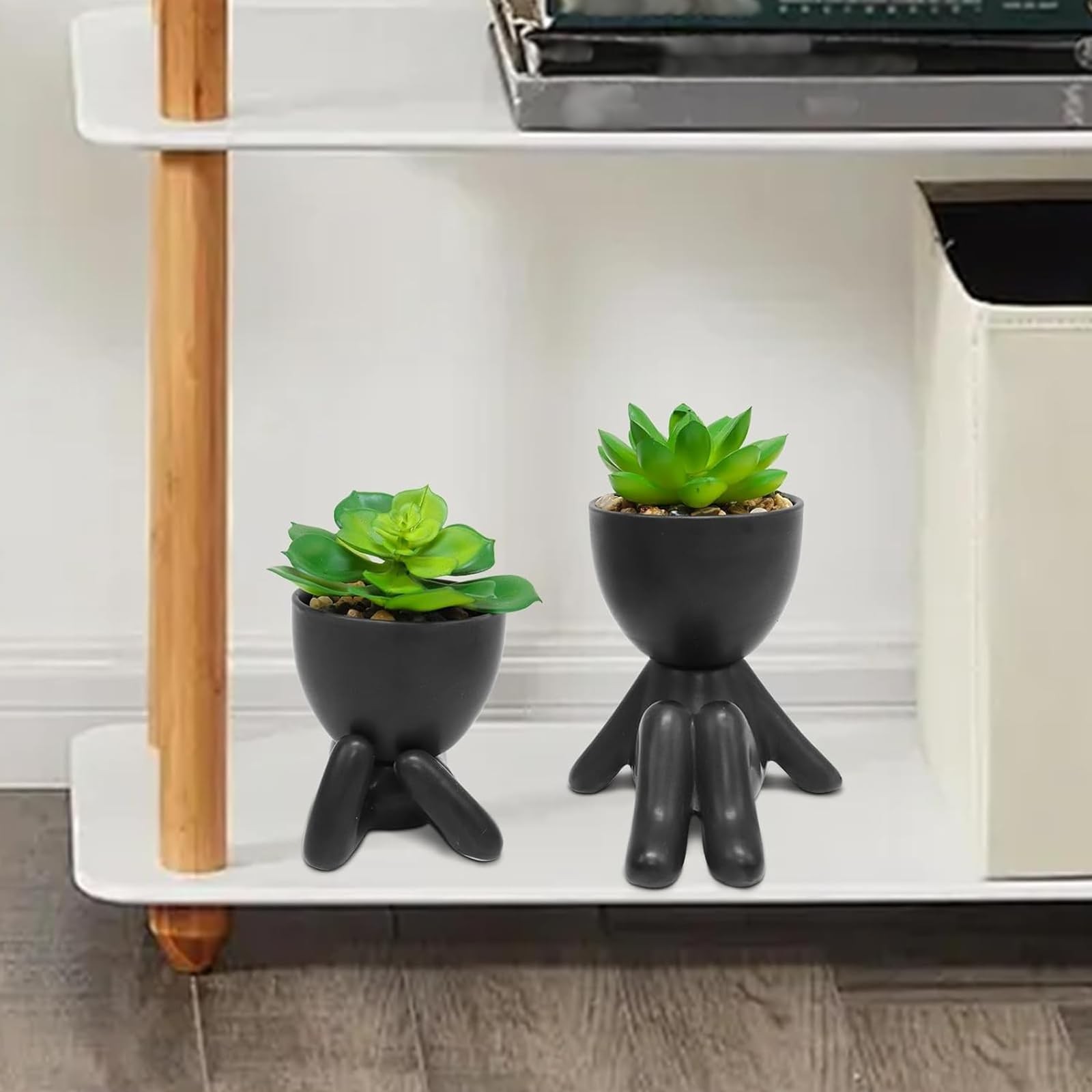 2 PCS Cute Mini Artificial Succulent Plants W/ Black Human Shaped Pots Desk