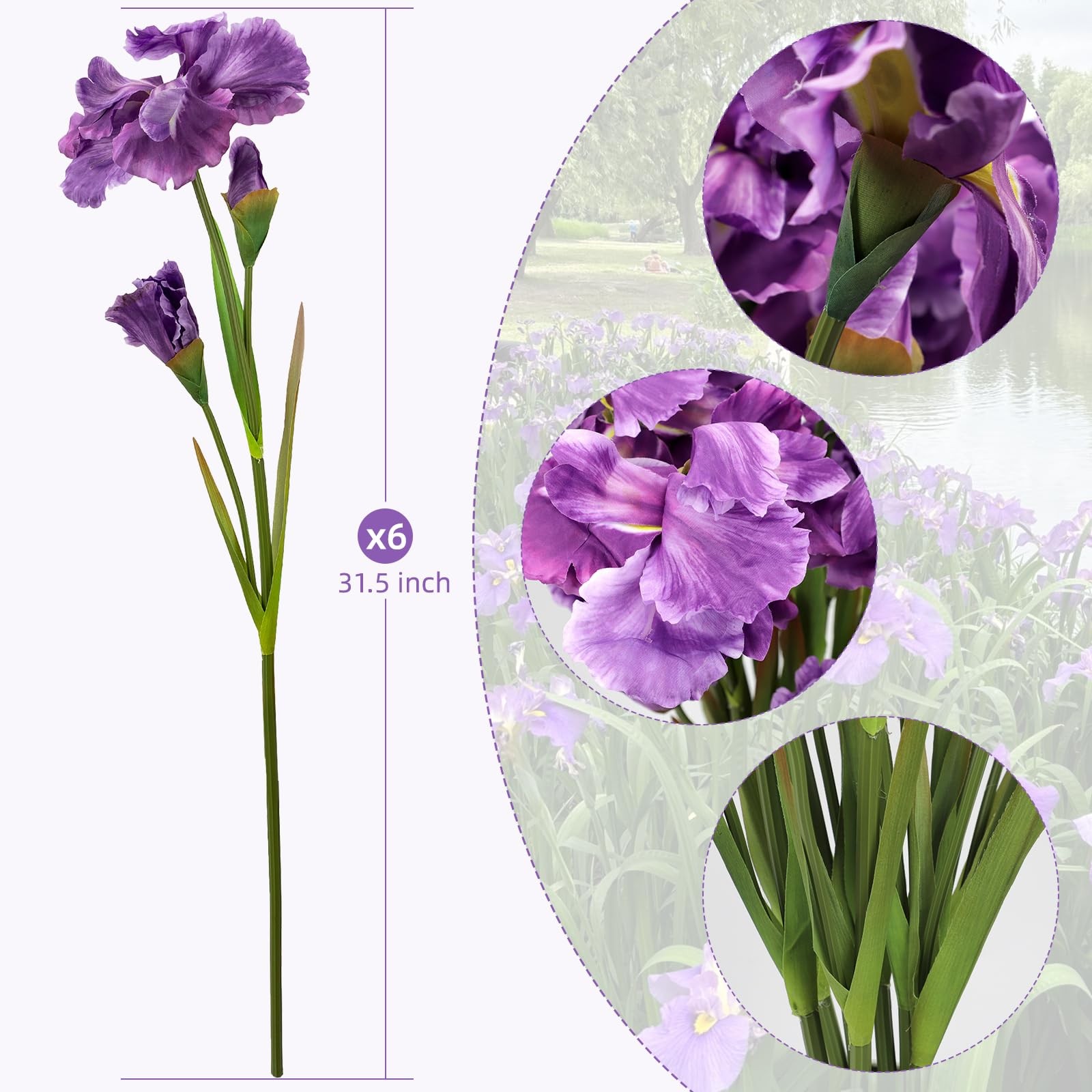 6 Pcs 31.5” Artificial Iris Flowers Real Touch Faux Long Stems Fake Purple Ir…