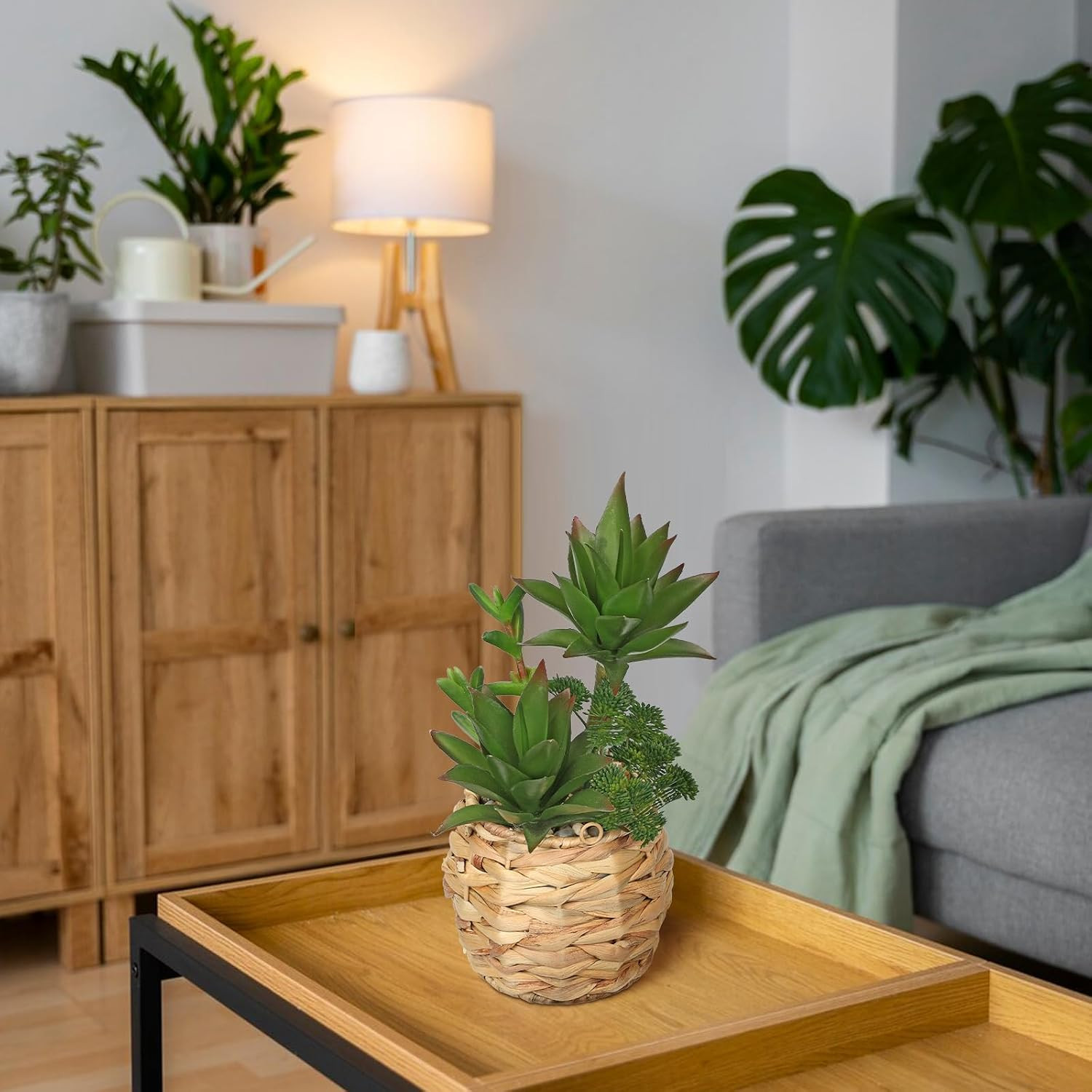 10″ Large Succulents Plants Artificial in Wooden Pots, Fake Succulents in Woven