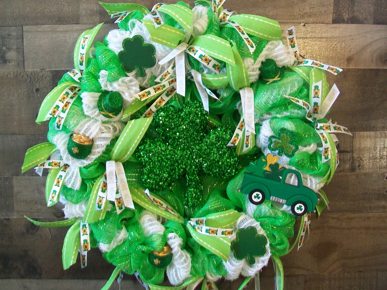 Large Green & White Saint Patrick’s Day Glittered Shamrock Mesh Wreath