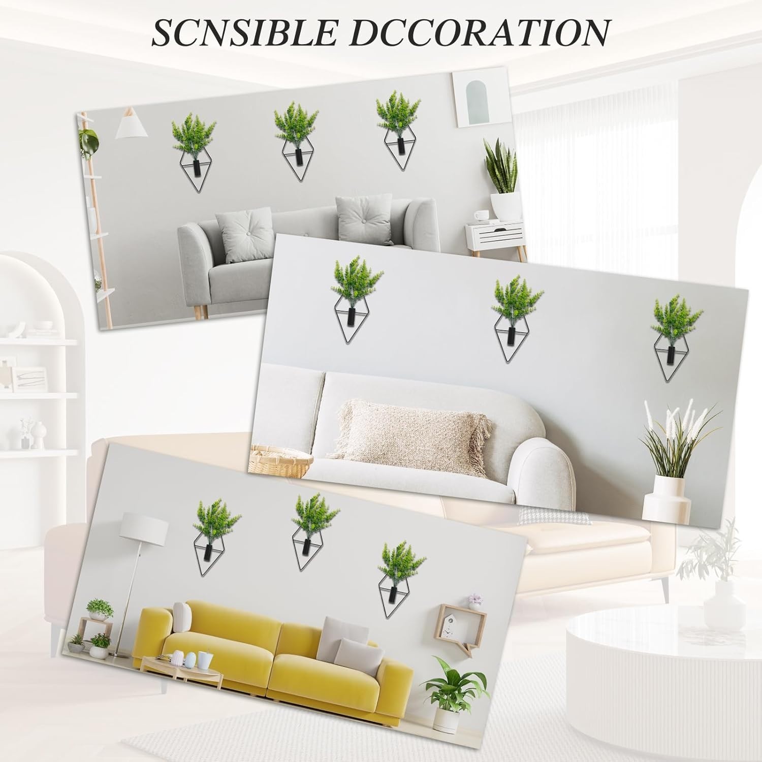 Elegant 3-Piece Geometric Metal Wall Planters with Eucalyptus for Home & Office