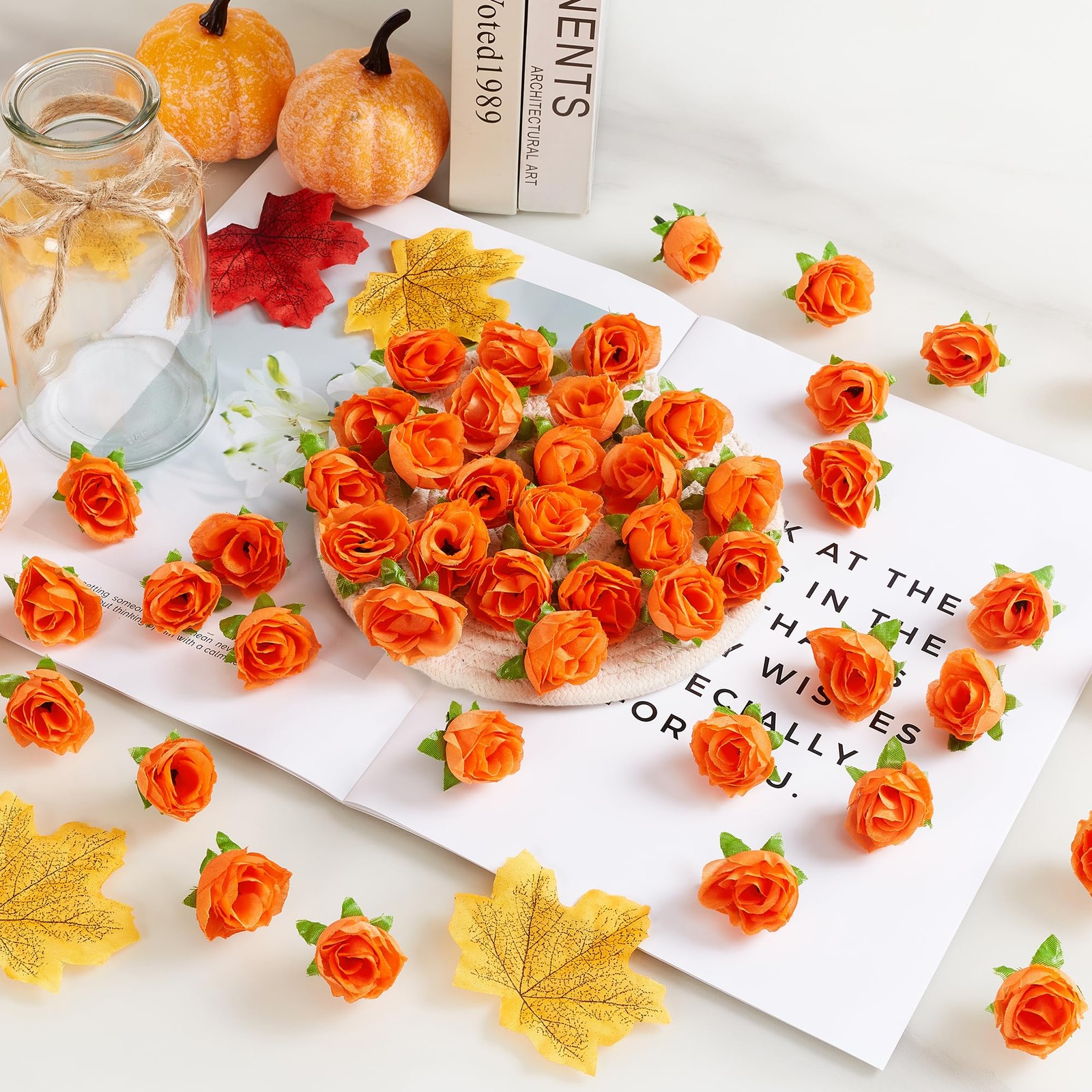 100 Pcs 1.3 inches Mini Orange Roses Head Fall Orange Roses Artificial Flower…