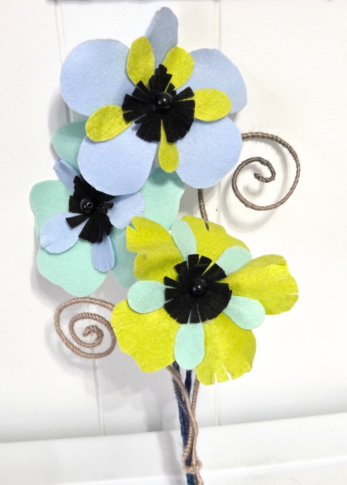 Handmade Felt Flower Bouquet – Pastel Green Blue Black Whimsical 4″ Blooms