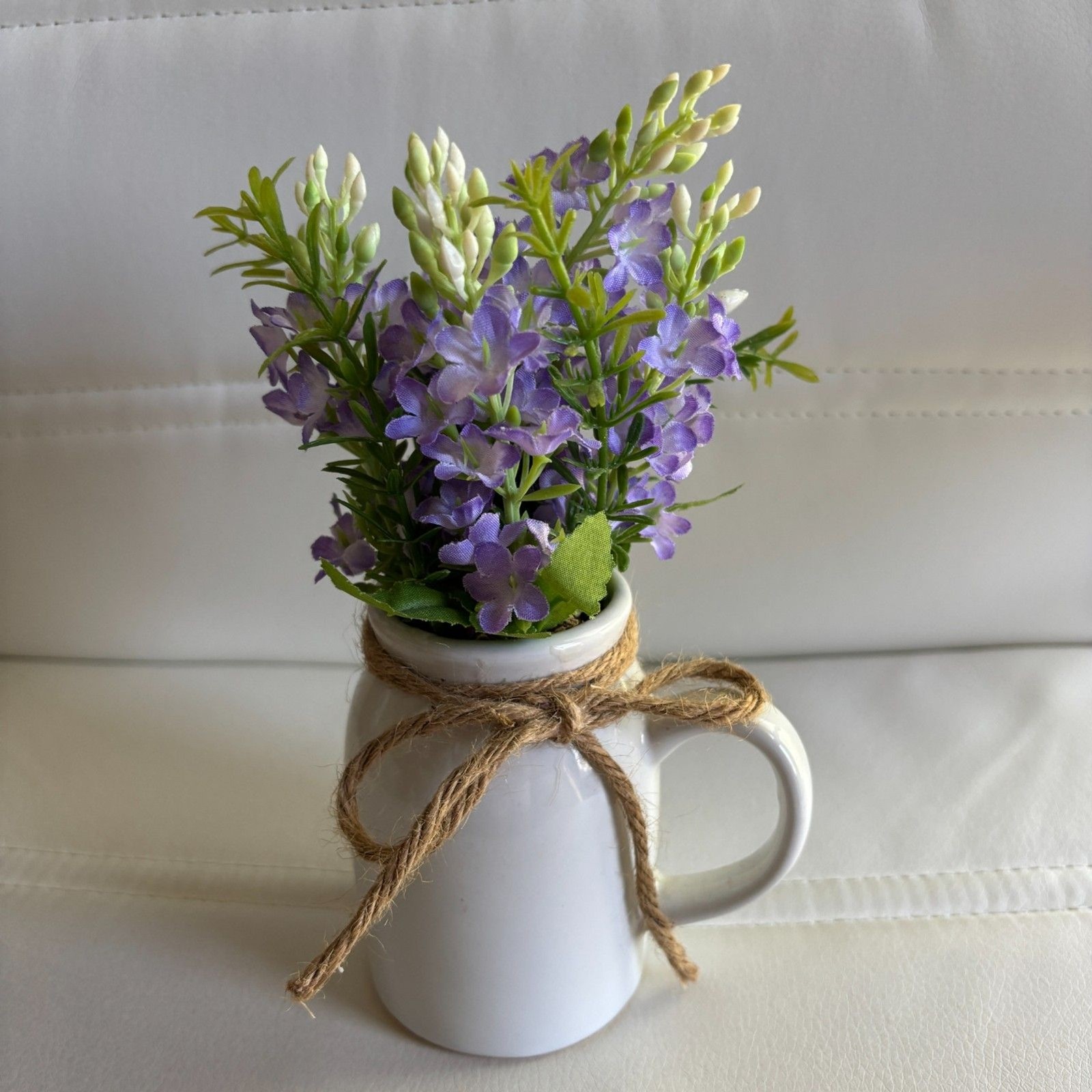 Real Living Lavender Floral Home Decor White Ceramic Mug Vase 8″ Faux Flowers
