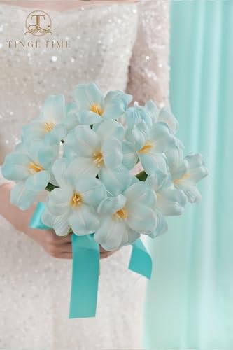 10pcs Fake Flowers, 15.3″ Blooming Tulips Artificial Flowers, Real Light Blue