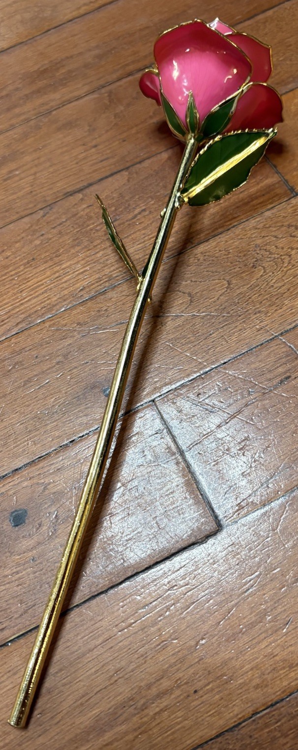 Artificial Pink Rose Flower Stem w/ Gold Trim in Gift Box, 12 in Metal
