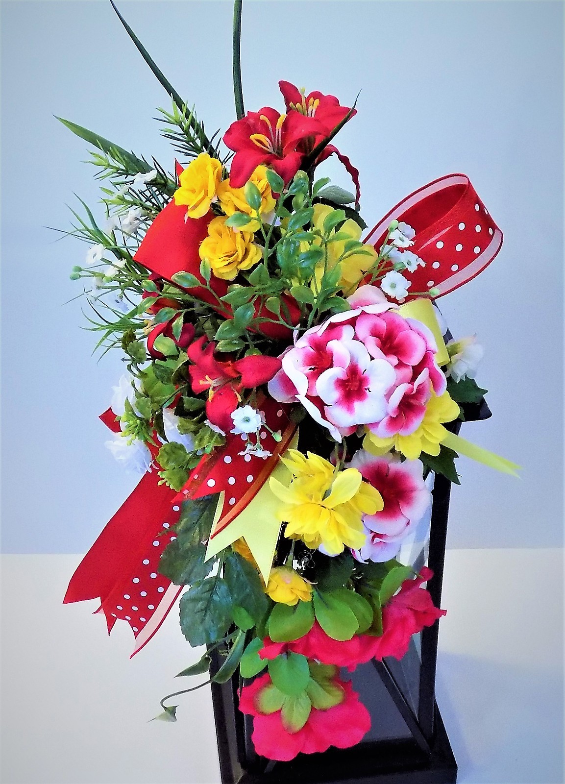 RED YELLOW FLORAL LANTERN SWAG SPRING FLOWERS SUMMER DECOR GIFT CENTERPIECE NEW