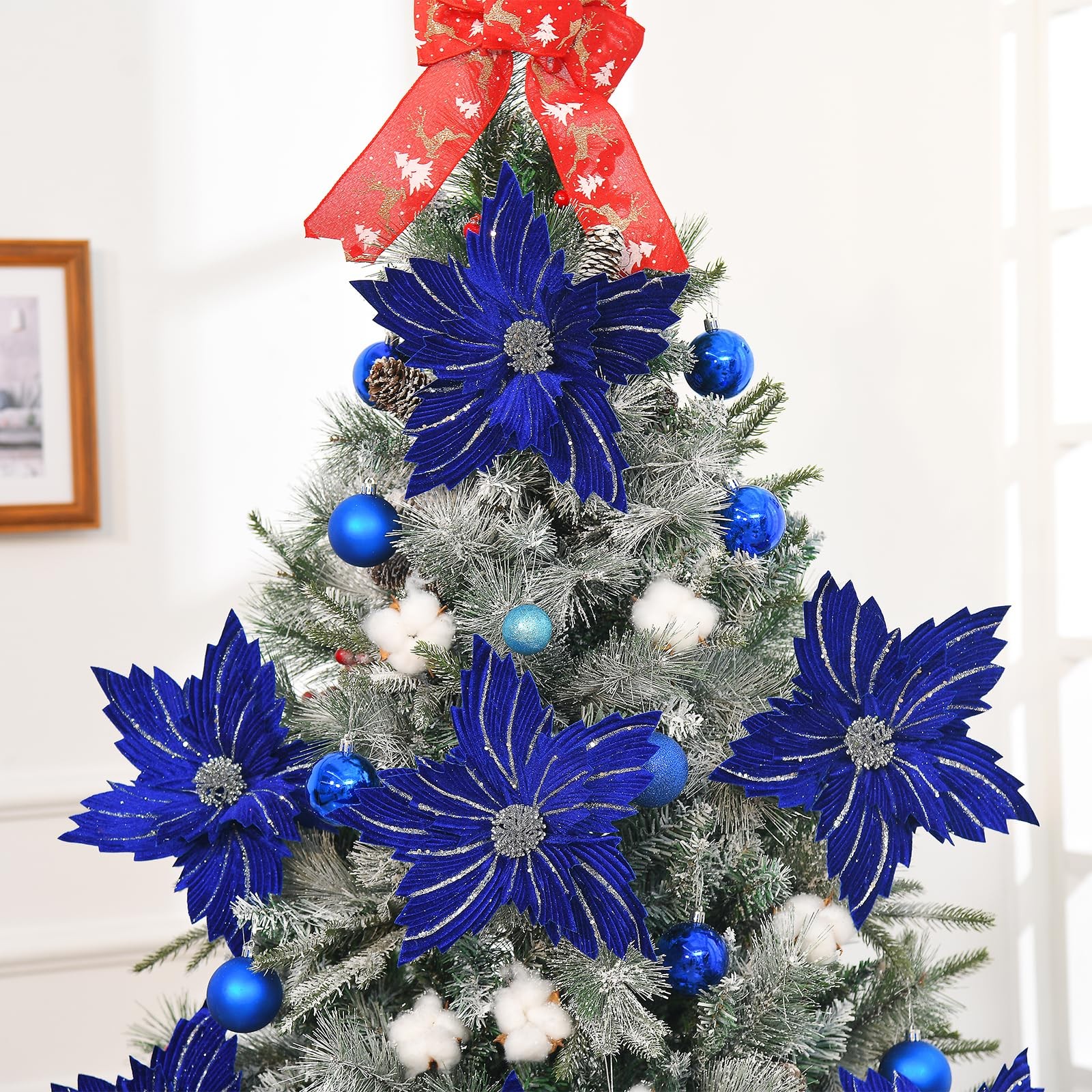 6 Pcs 12″ Large Glitter Poinsettia Artificial Christmas Flowers with Stems Xmas