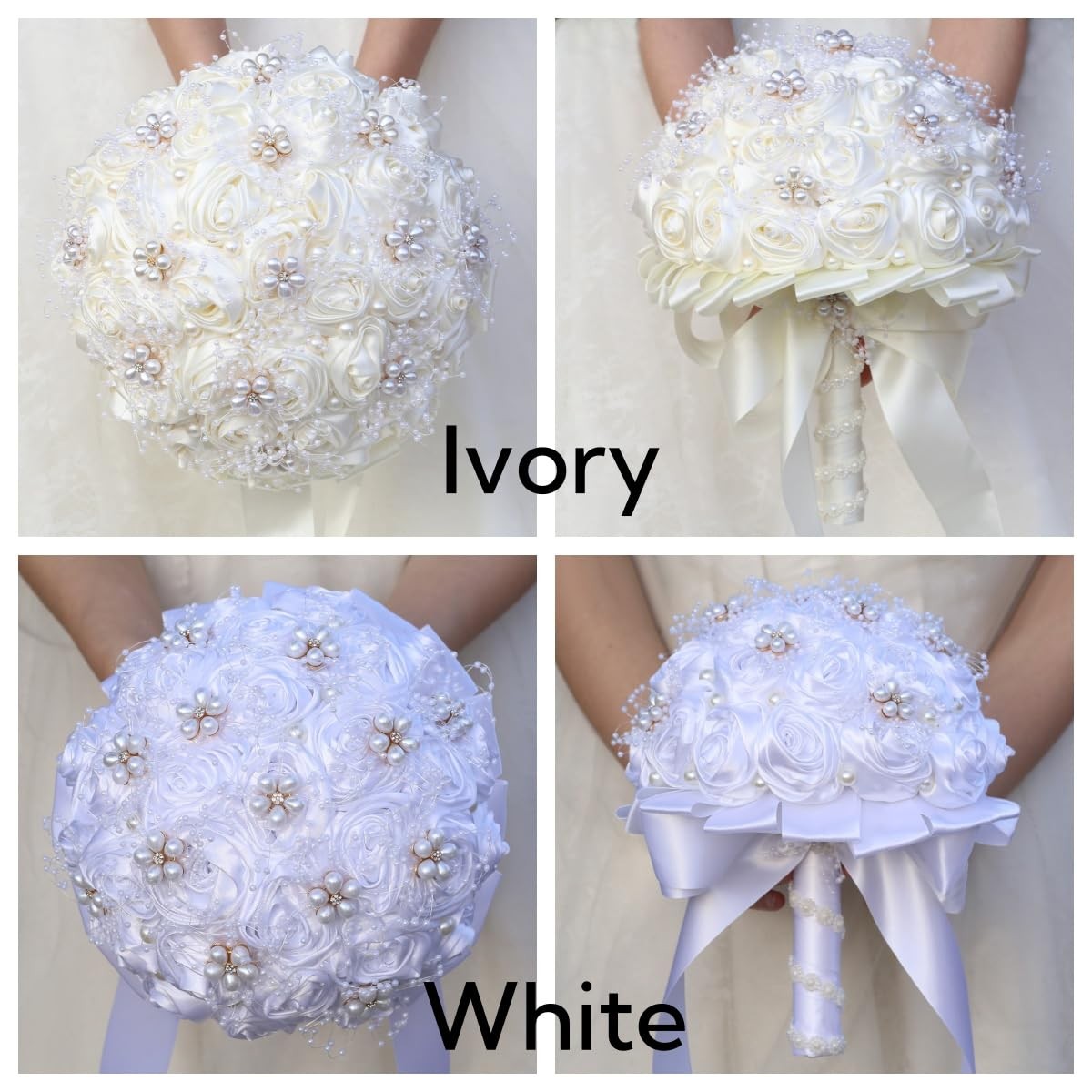 Ivory Bridal Wedding Bouquet Handmade with Rhinestone Pearl Ribbon Satin Rose…