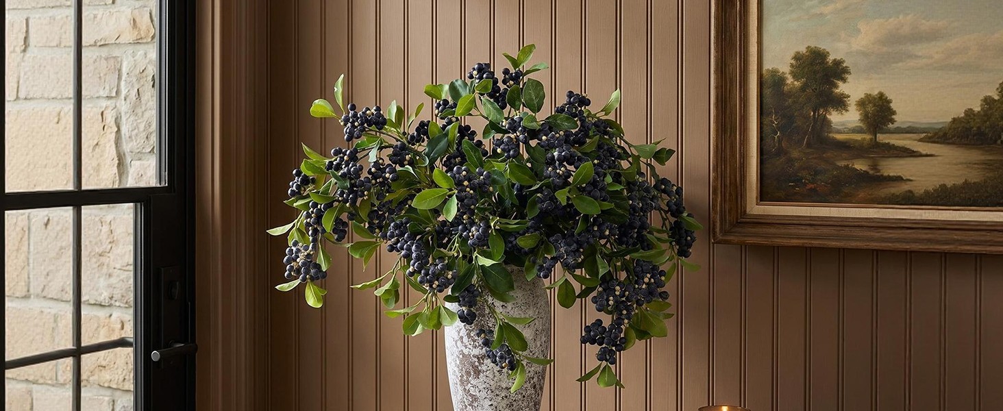33″ Artificial Blueberry Stems for Vase – 8 Pcs Lifelike Faux Blueberries Fruit