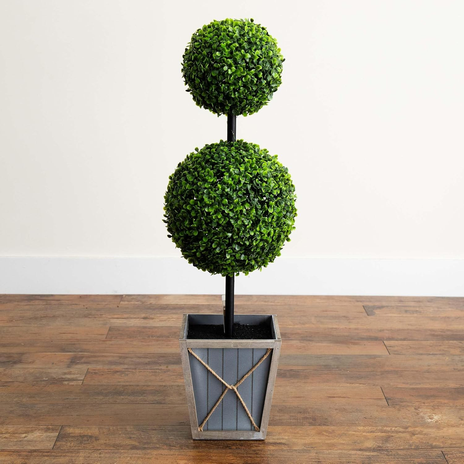 3Ft UV Resistant Double Ball Boxwood Topiary with LED Lights in Planter