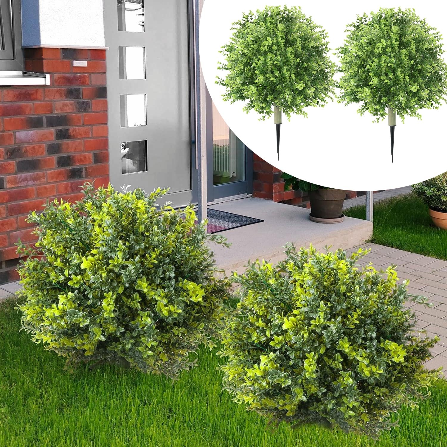2 Pack Artificial Boxwood Topiary 24” Faux Boxwood Tree with Ground Spike Ou…