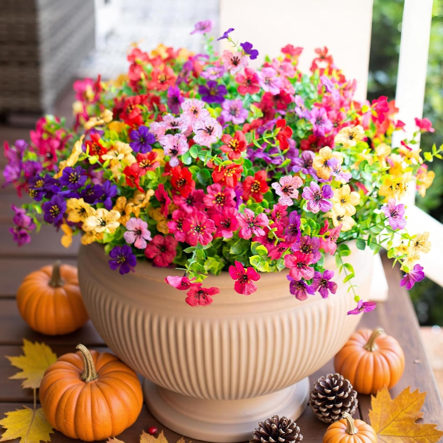 Artificial Fall Flowers Faux Mums for Outdoor Indoor Garden Home Decoration, Fau