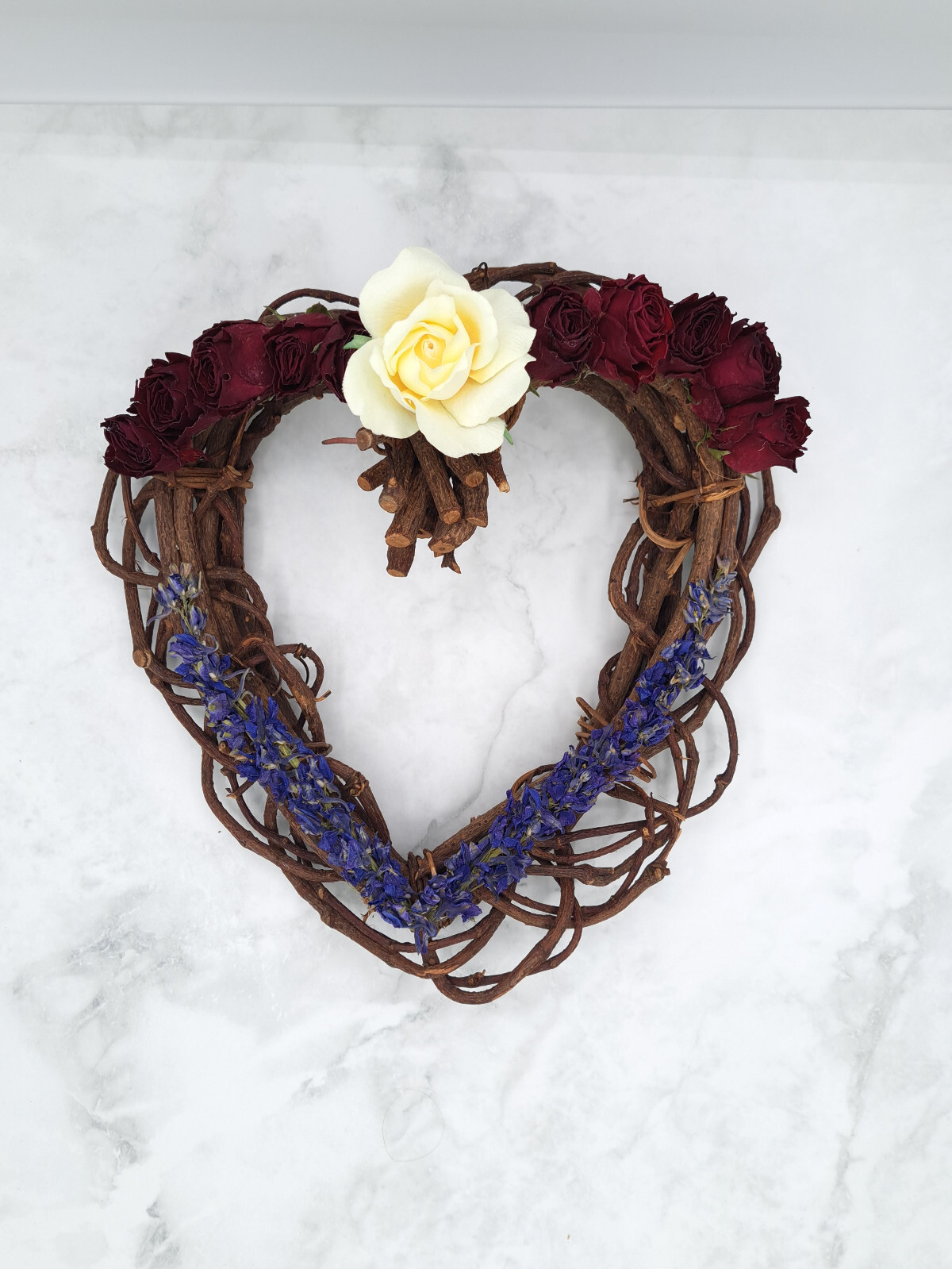 Handmade Red, White & Blue Willow Heart Flower Arrangmt. w/ Dried & Silk Flowers