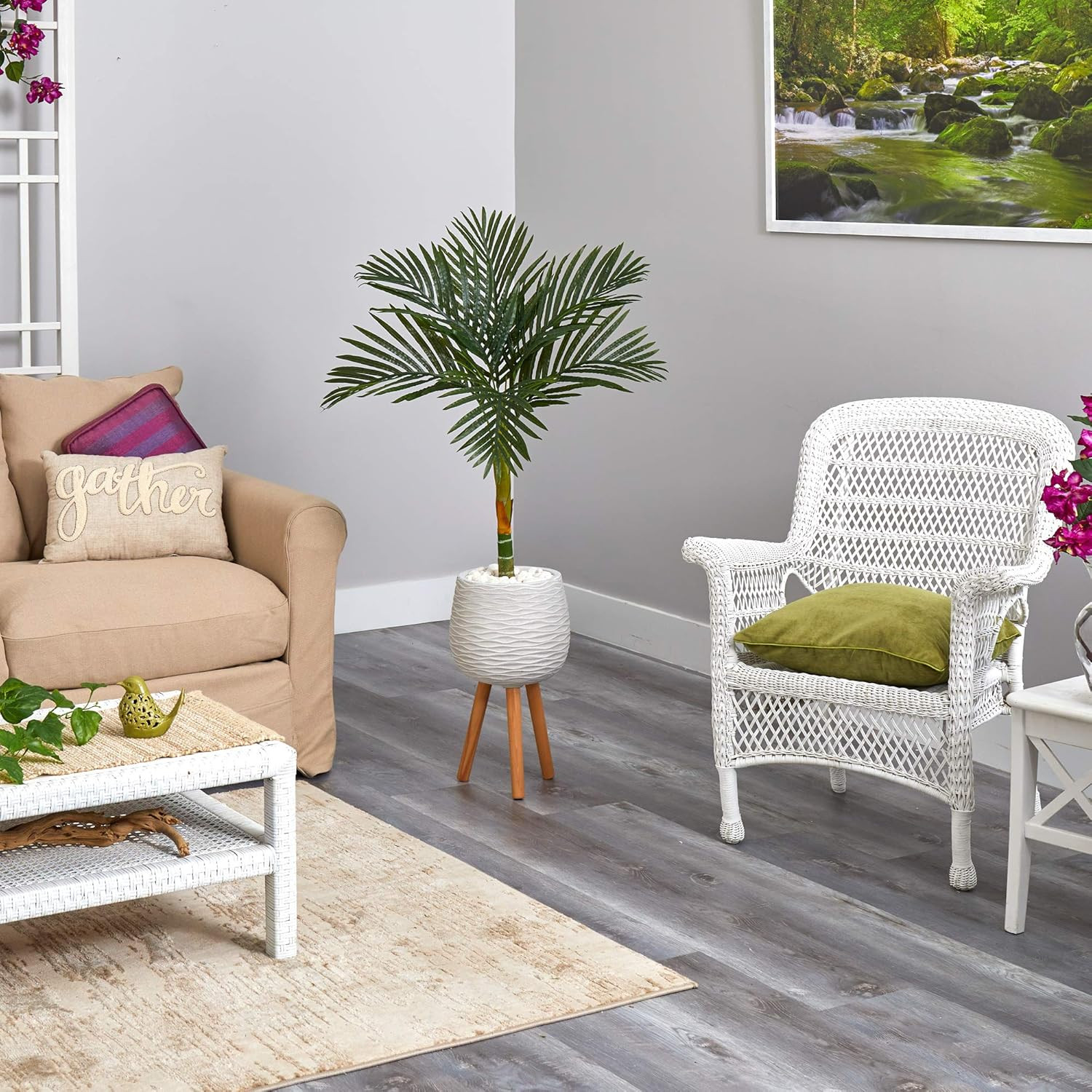 4.5Ft Golden Cane Palm Tree in Elegant White Planter with Stand