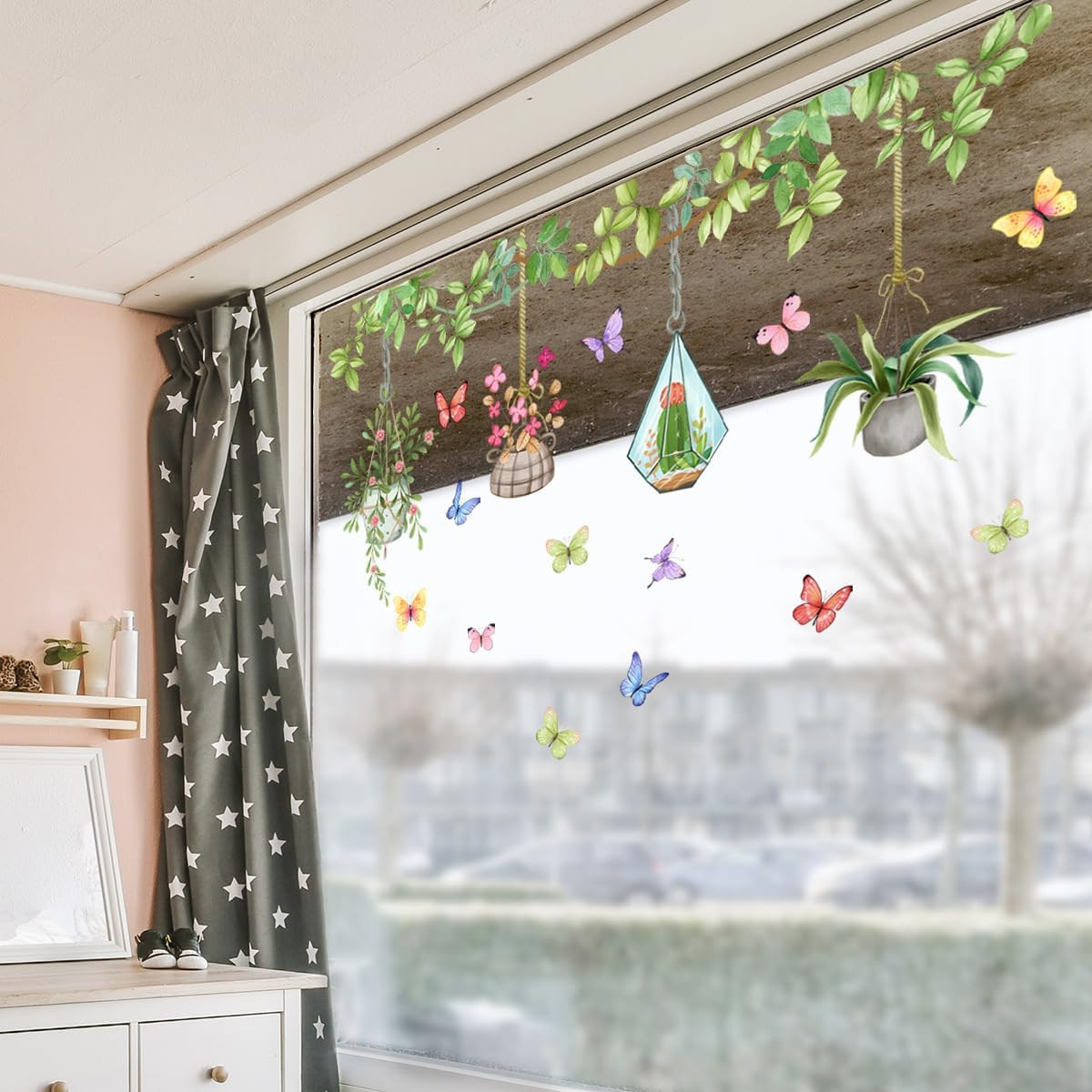 Potted Plant Window Clings Flower Catcus Hanging Vines Glass Wall Decals Sticker