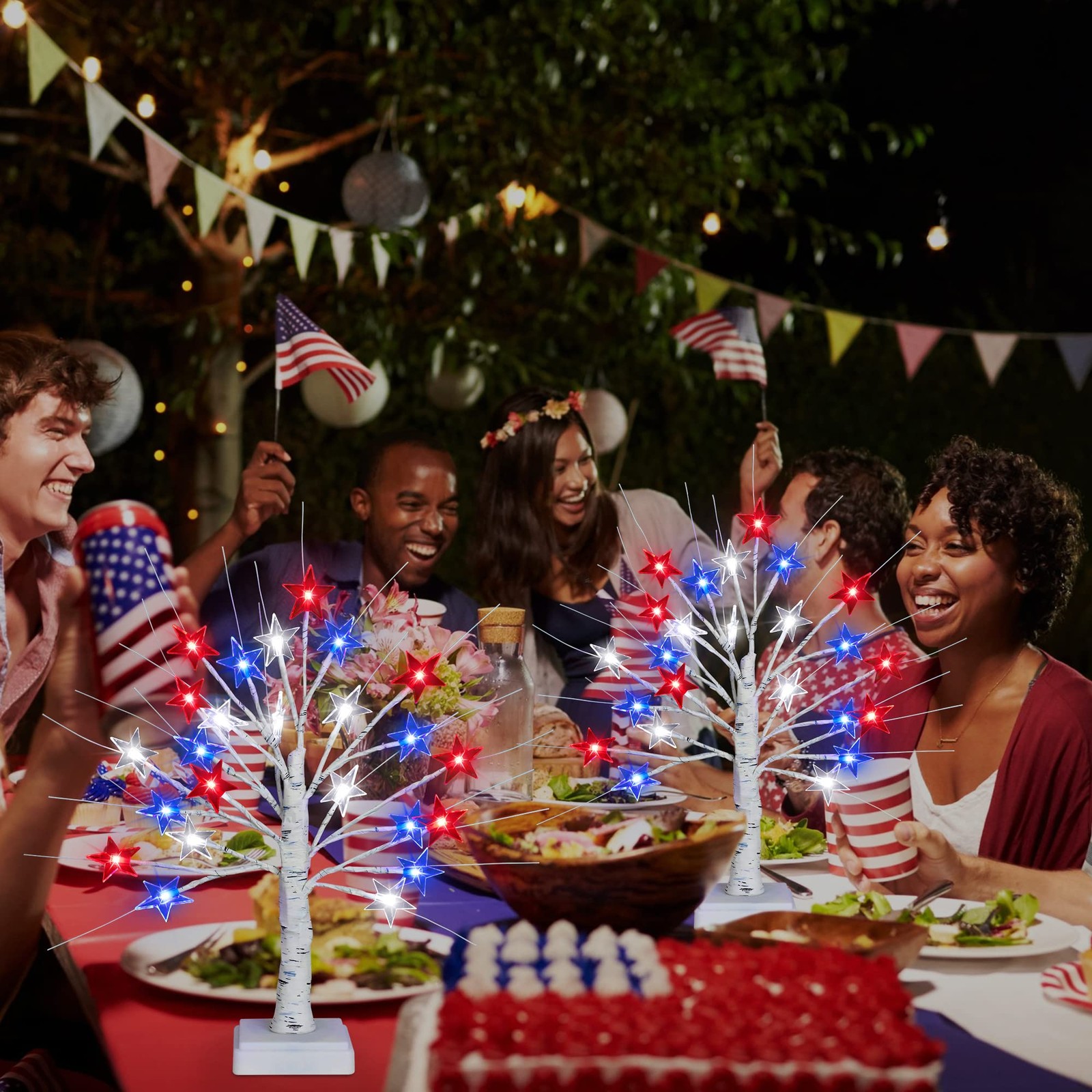 [Timer] 2 Pack 18 Inch 4th of July Patriotic Decorations Tree Light with 24 L…