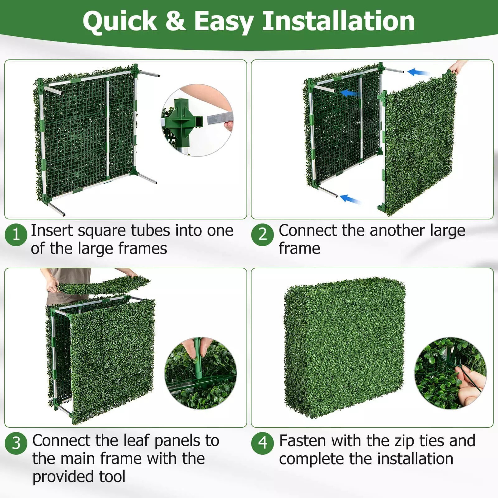 Artificial Plant Wall w/ Realistic PE Leaves Aluminum Tubes Zip Ties Decoration