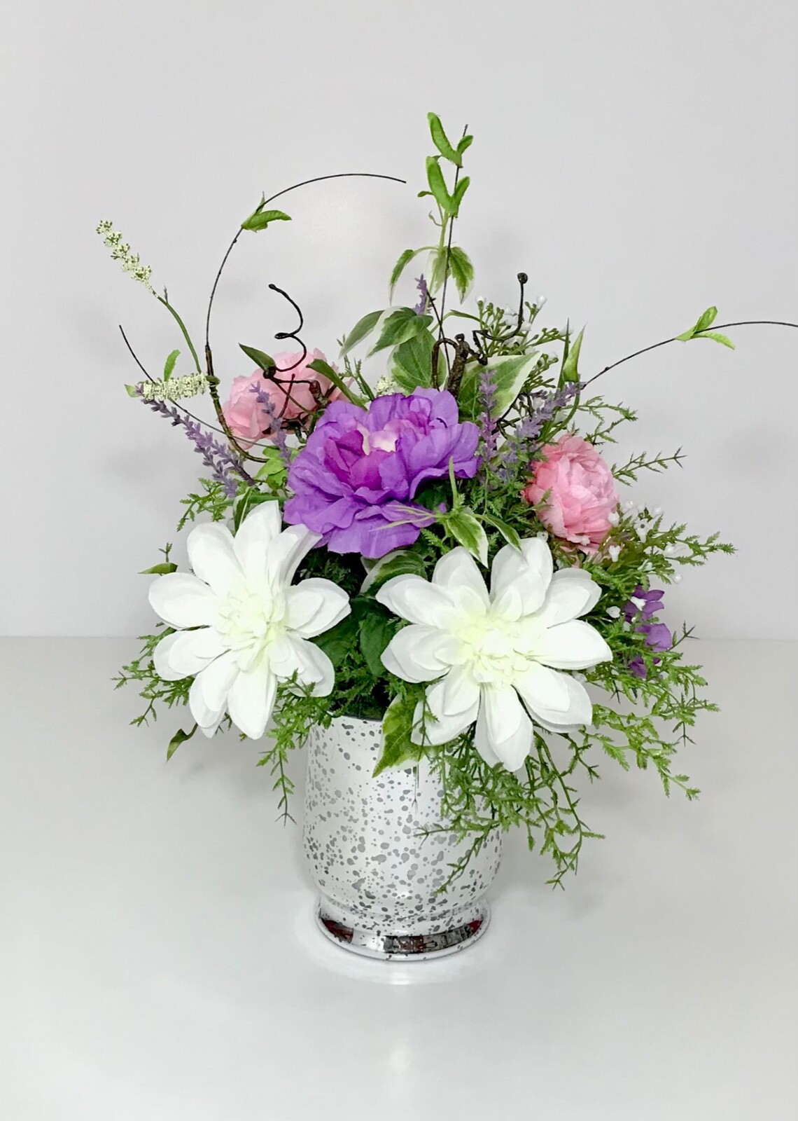 PINK PURPLE WHITE FLOWERS ARRANGEMENT MIRRORED GLASS VASE CENTERPIECE GIFT NEW