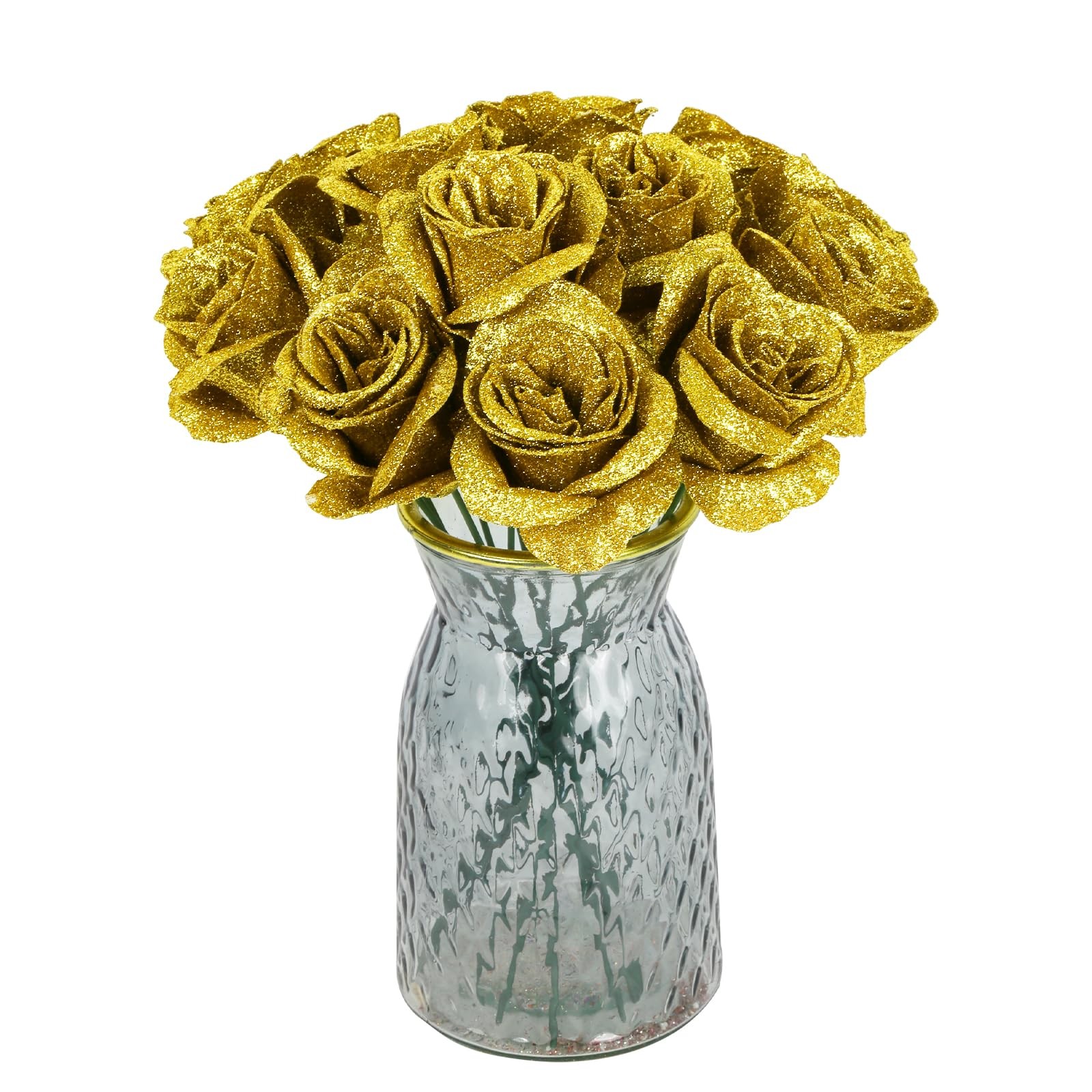 Gold Roses Artificial Flowers,30PCS Glitter Roses Bouquet Faux Roses with Ste…