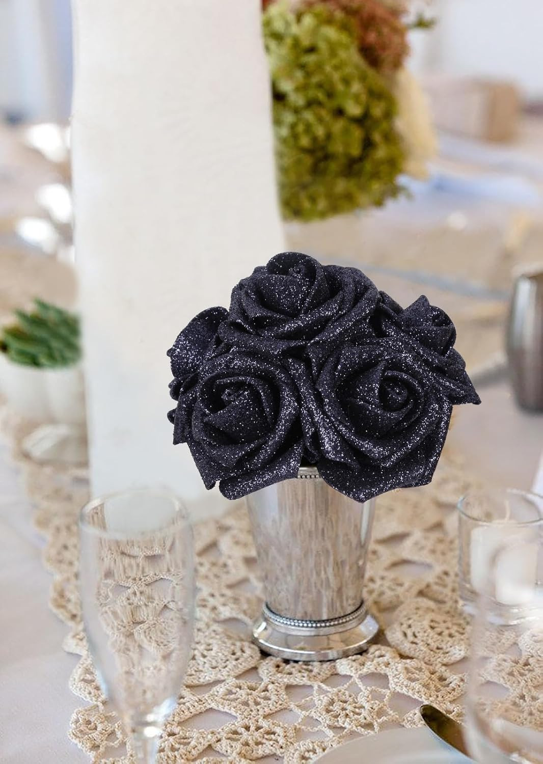 Glitter Roses 30Pcs 2.56″ Artificial Grey Black Roses with Stems for Baby Shower