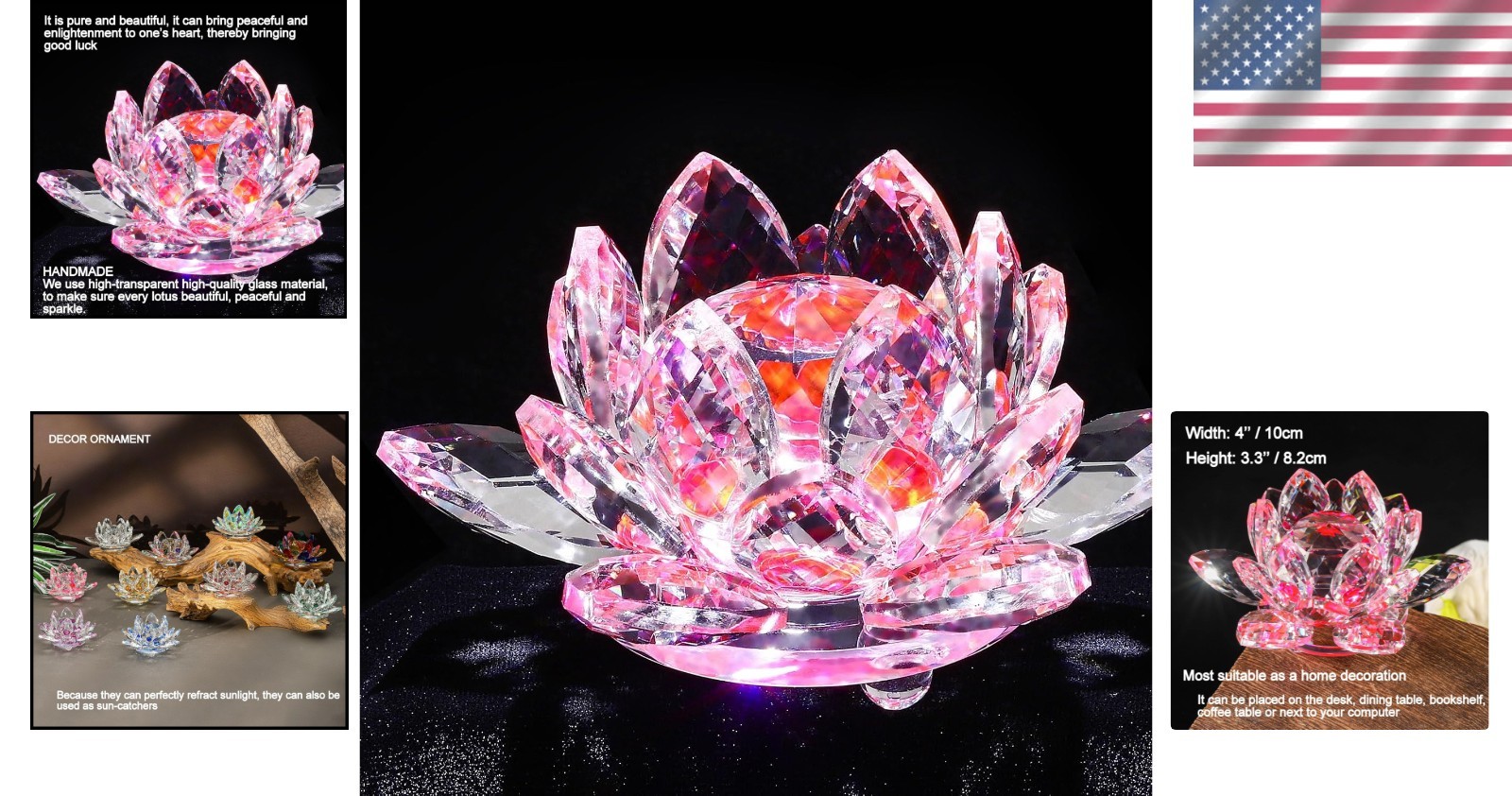 Beautiful 4” Pink Crystal Lotus – Feng Shui Charm & Decorative Paperweight