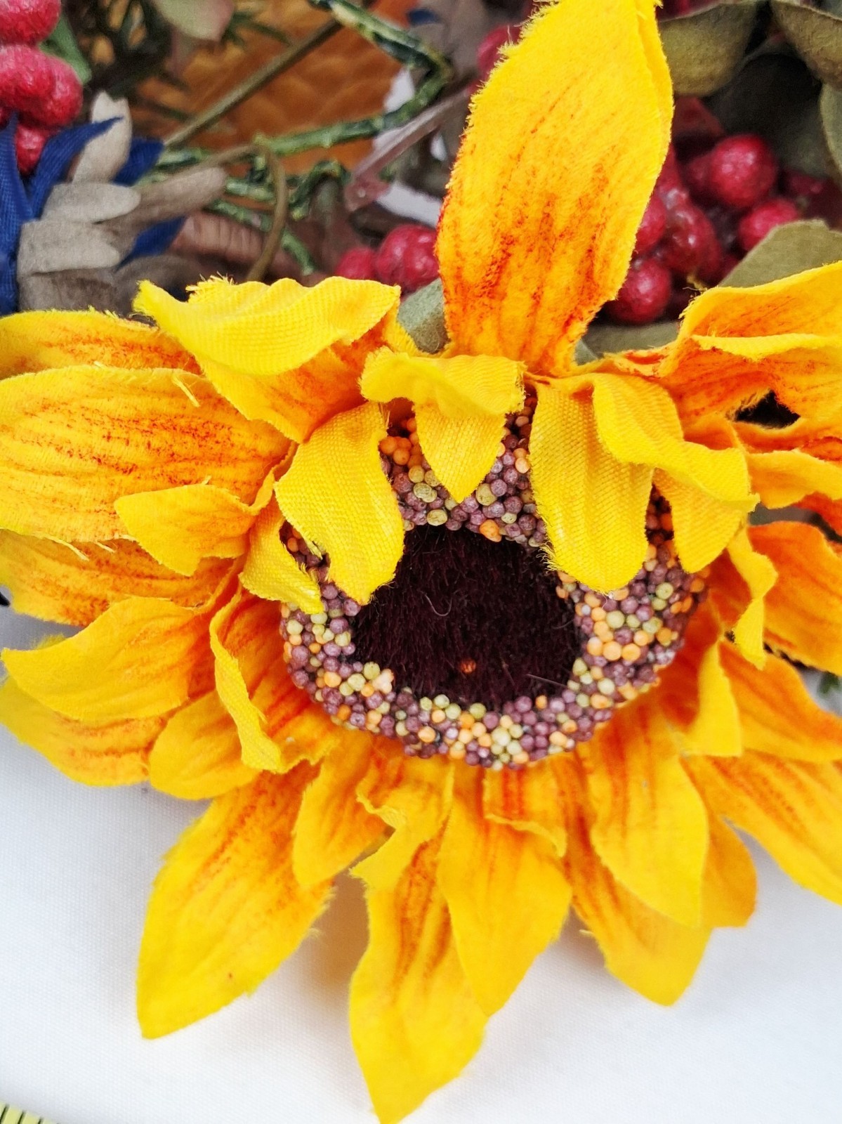 VTG Sunflower Fall Vine Swag Candle Ring Mixed Berries & Greenery Autumn Home De