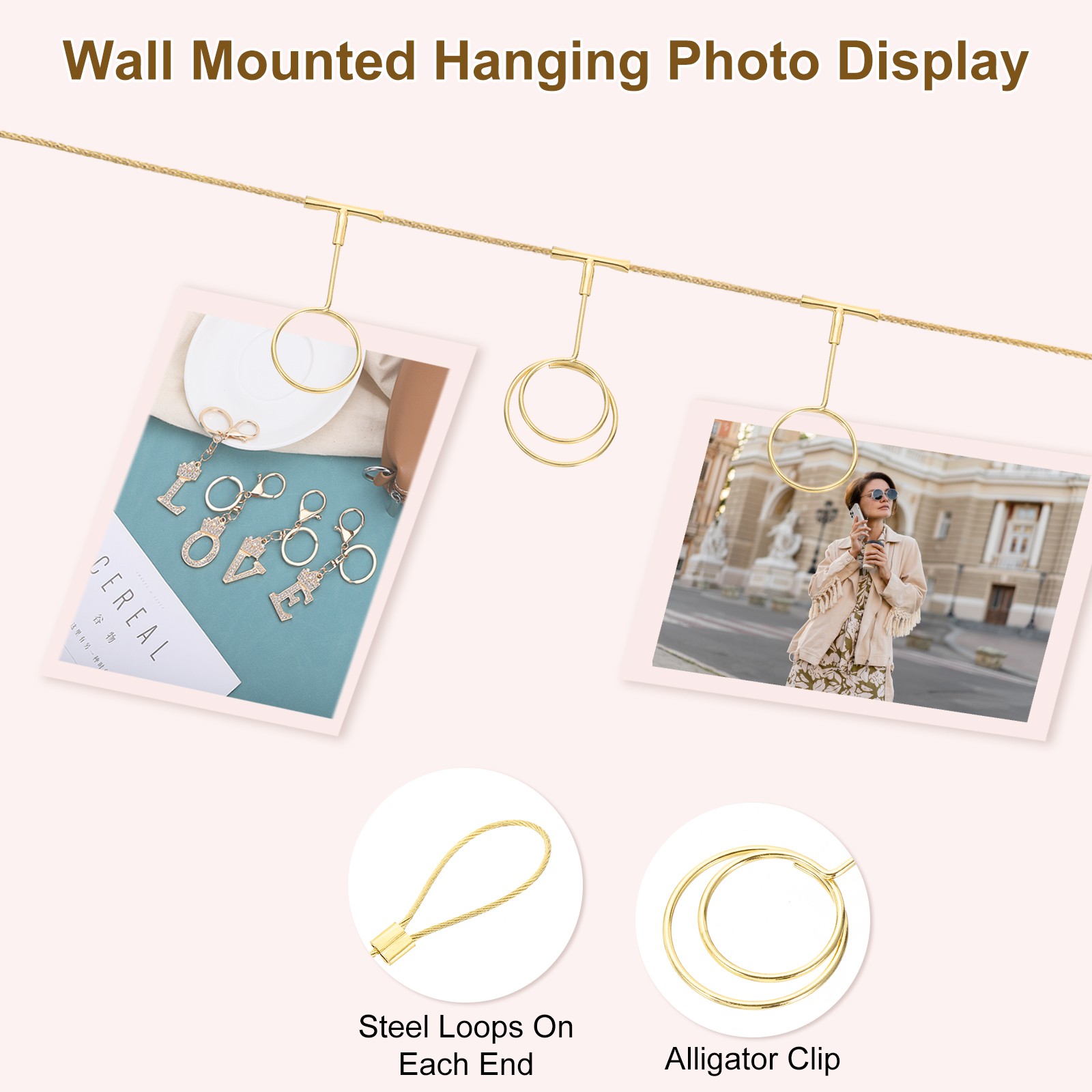 5Ft Wall Hanging Photo Display Cable Wire Rod with 12 Round Clips, Gold