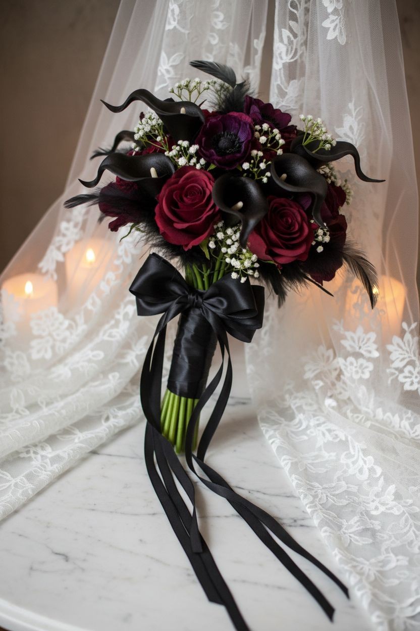 Black Calla Lily Faux Flowers Set of 5 Artificial Stems Gothic Modern Home Decor