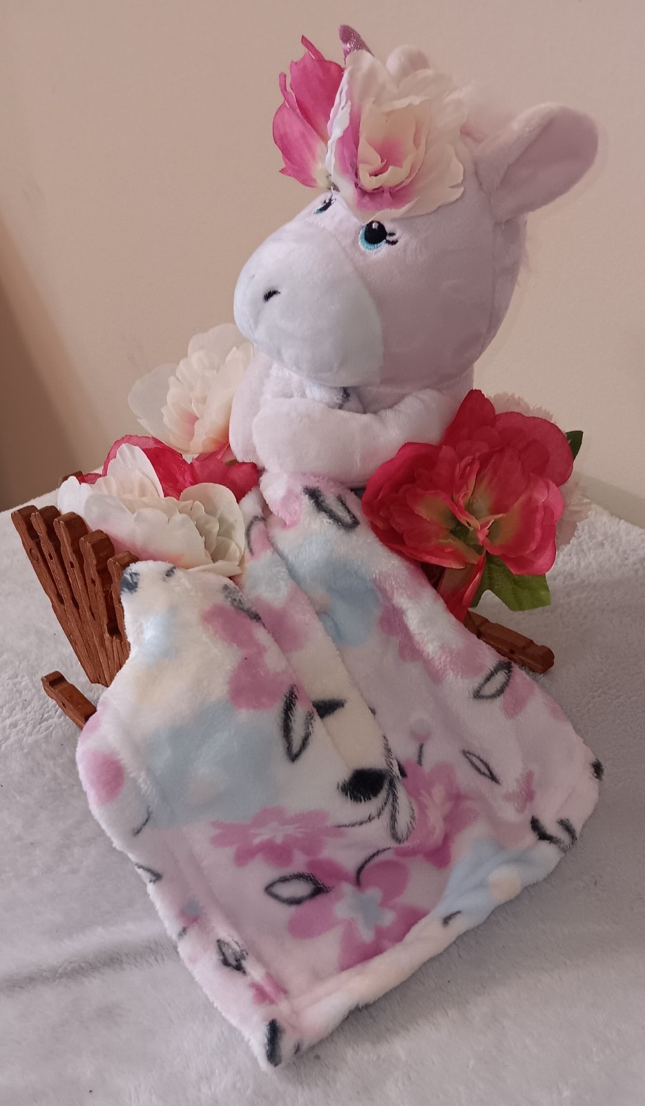 Cute Unicorn In A Cradle Laying In A Bed Of Flowers, Handmade