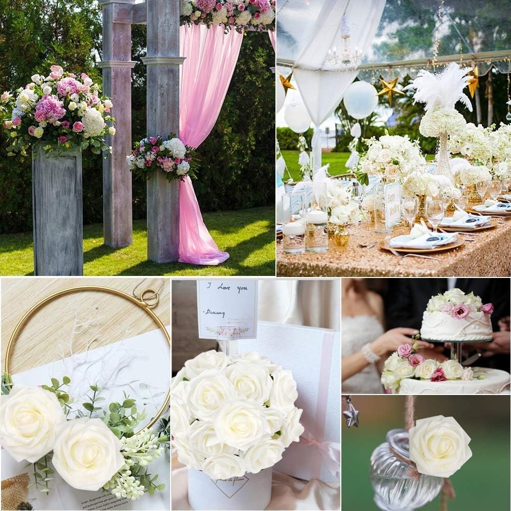 50Pcs Artificial Ivory Roses Floral Decor Wedding Centerpieces DIY Craft