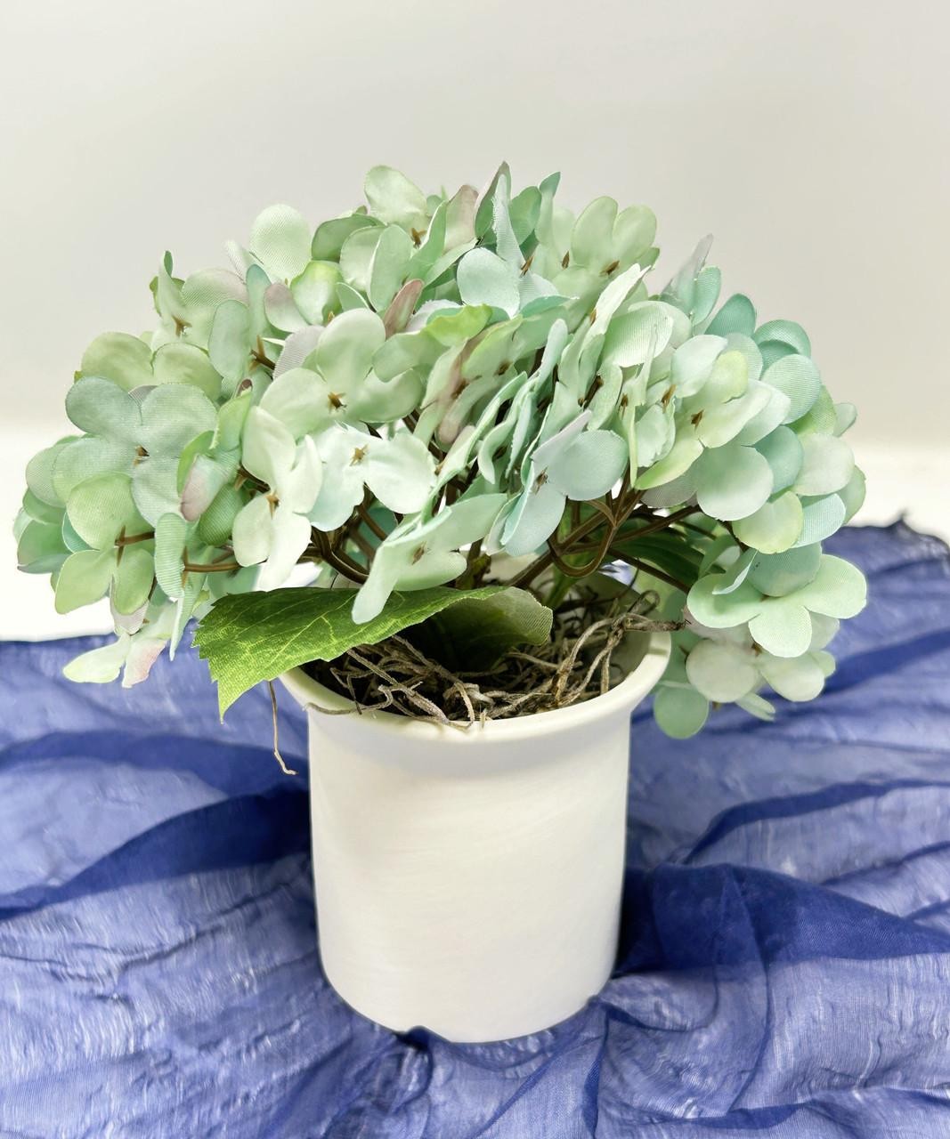 6.5″ Artificial BLUE-GREEN HYDRANGEA faux Silk flower, smooth matte ceramic pot