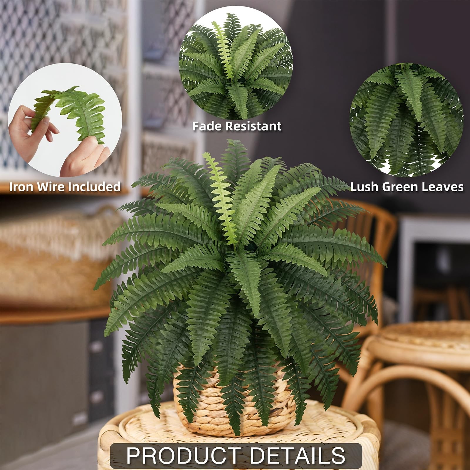 Fake Ferns Set of 2 Faux Boston Ferns Large Artificial Plants, 40 Leaves per…