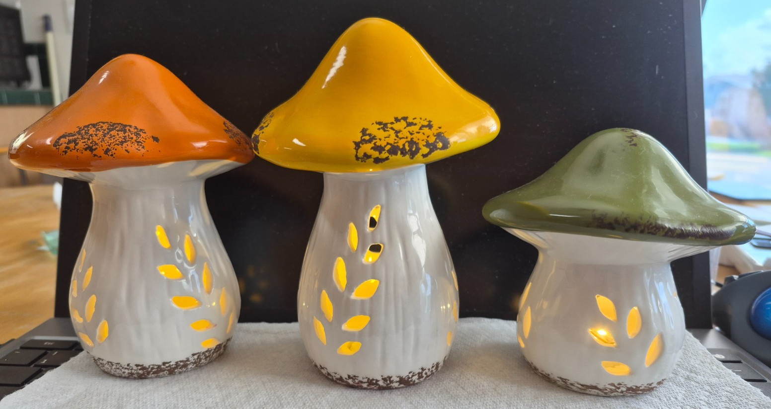 3 Lighted Mushroom Fairy Lights Ceramic Home Table Decor Orange Yellow Green