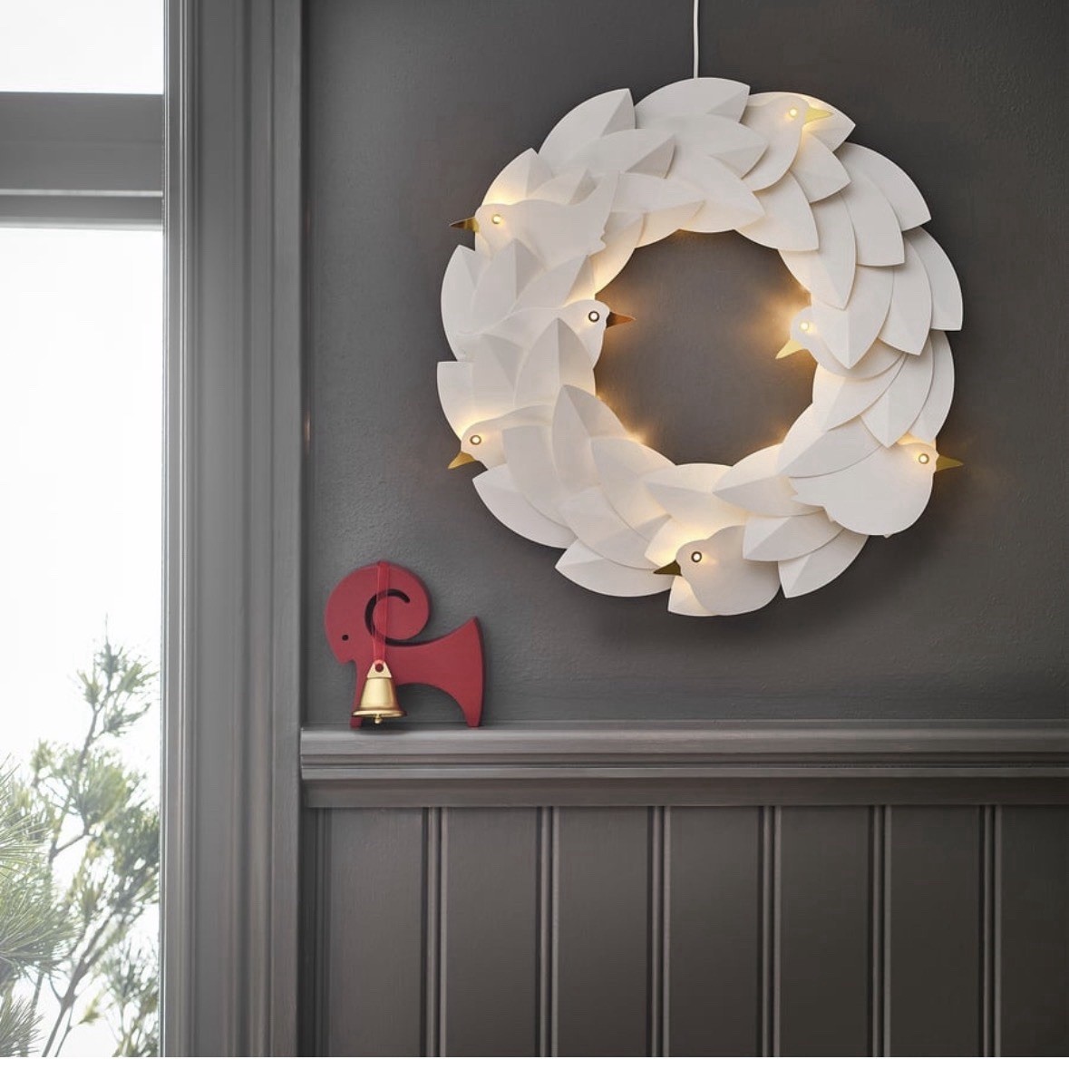 IKEA Wreath Strala LED Illuminated 14”Hanging Dove Bird White Paper Style Decor