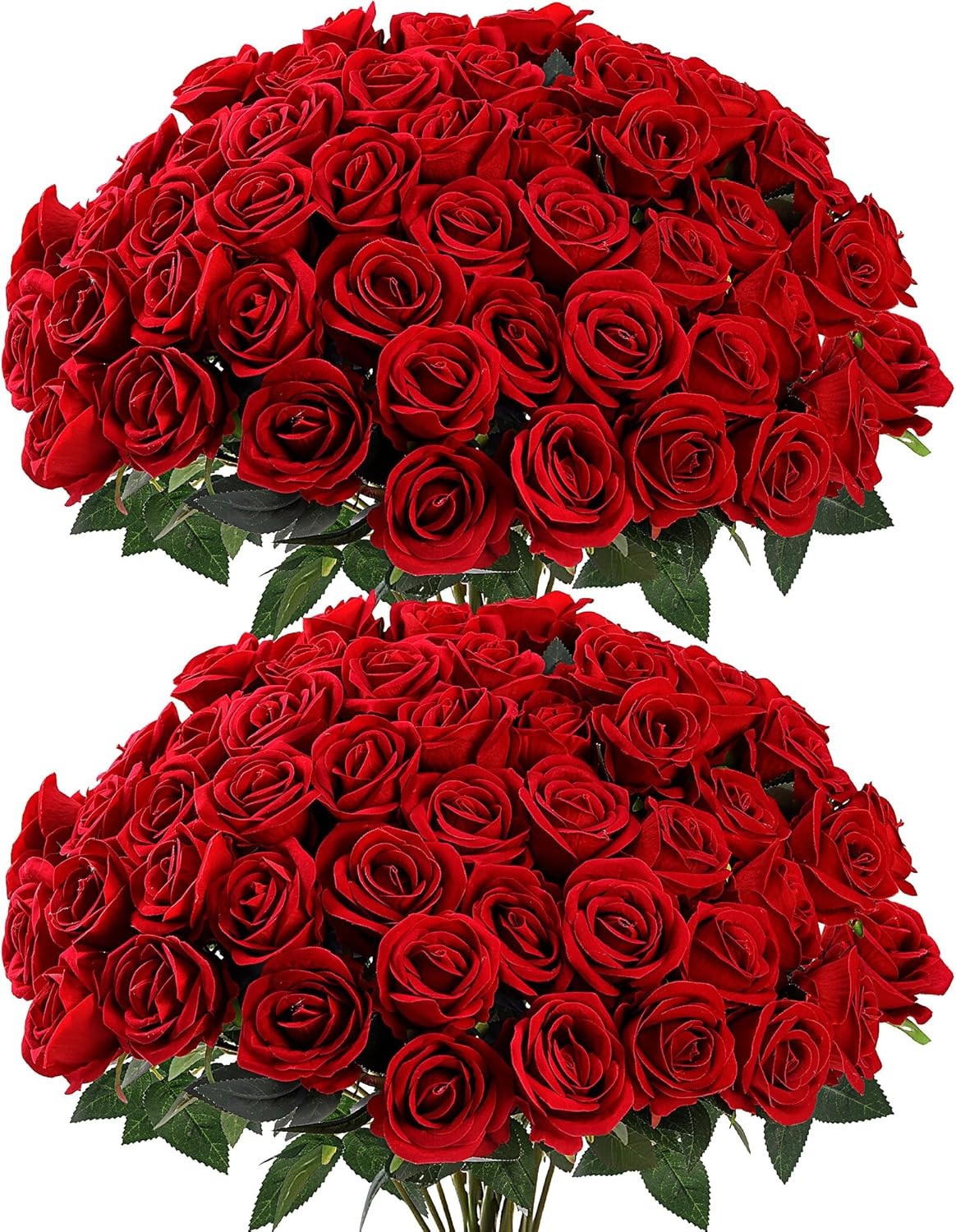 50 Pcs Artificial Roses Red Flowers Fake Velvet Silk Roses with Stems Bulk Reali