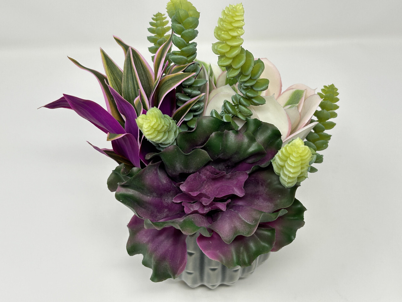 10″ Artificial Purple & White mixed Succulent Garden #11, 5″ Gray Ceramic Plant