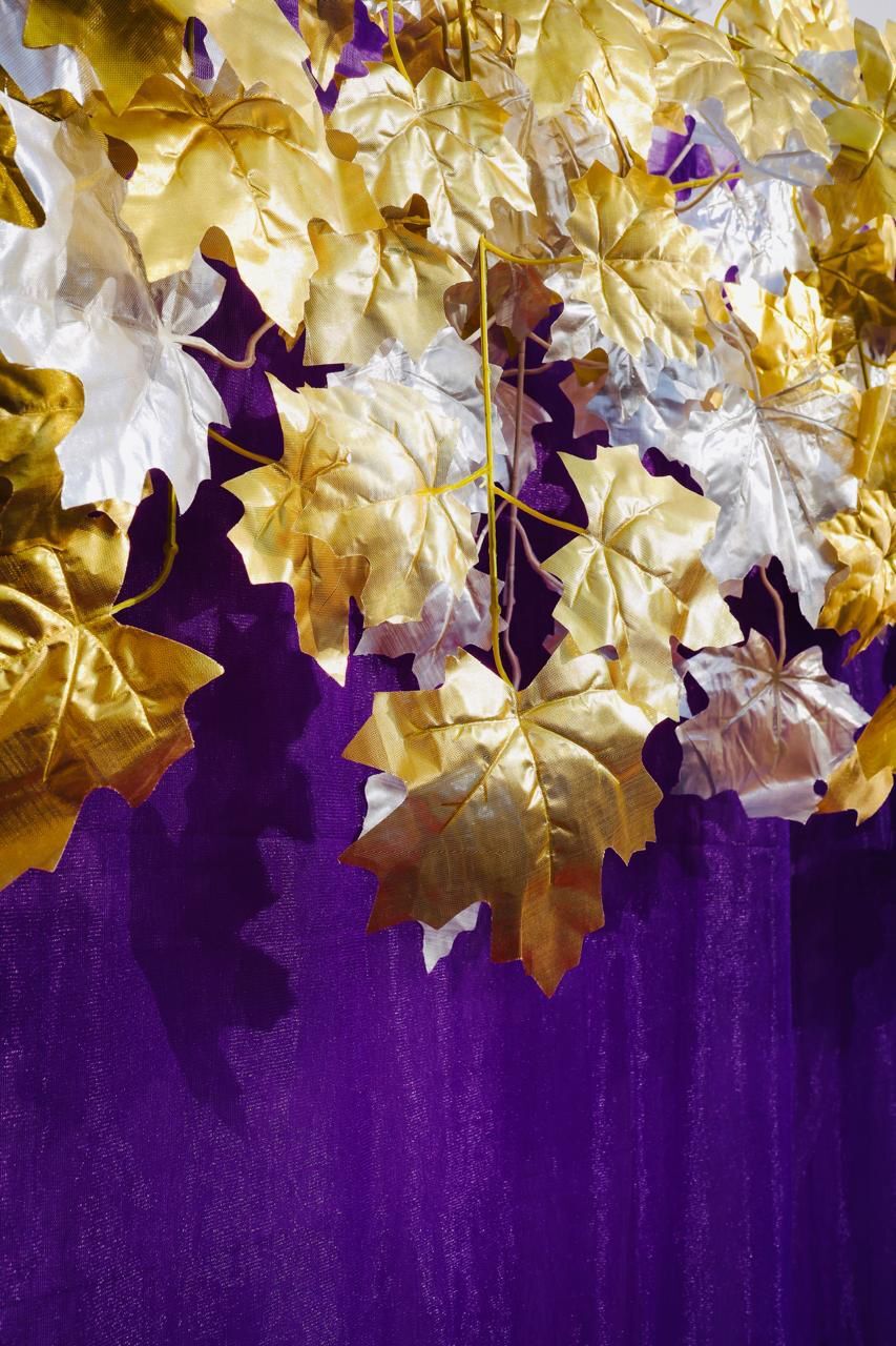 Purple Decoration Backdrop Fabric With Gold & Silver Maple Leaves Party Backdrop