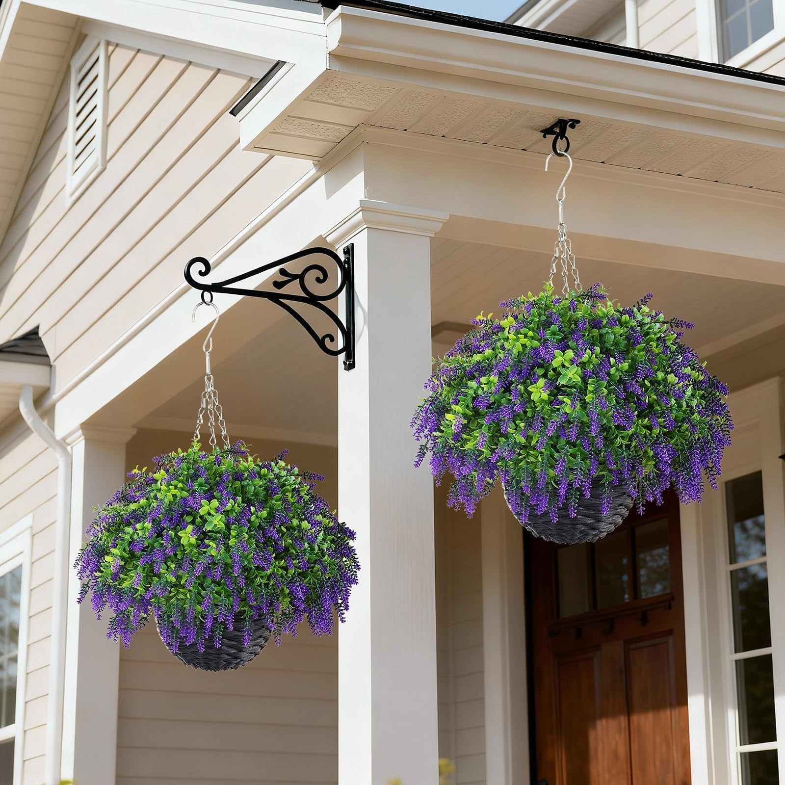 Artificial Lavender and Boxwood Hanging Basket – 2 Set for Outdoor Decoration…