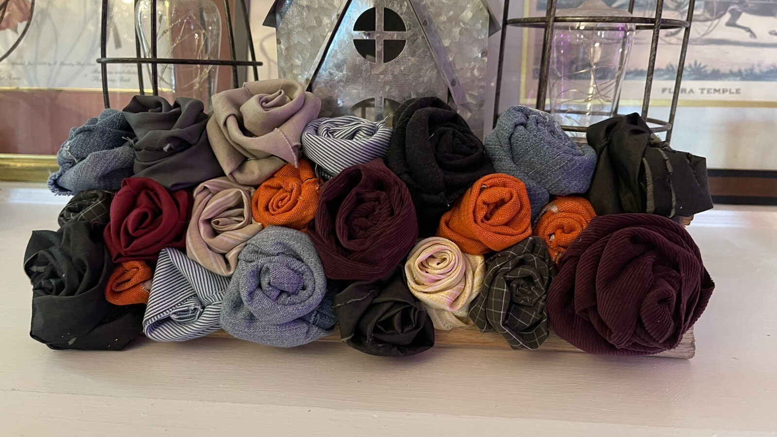 Handmade Decorative Shelf Sitter- Fabric Roses On wood 15 X 6