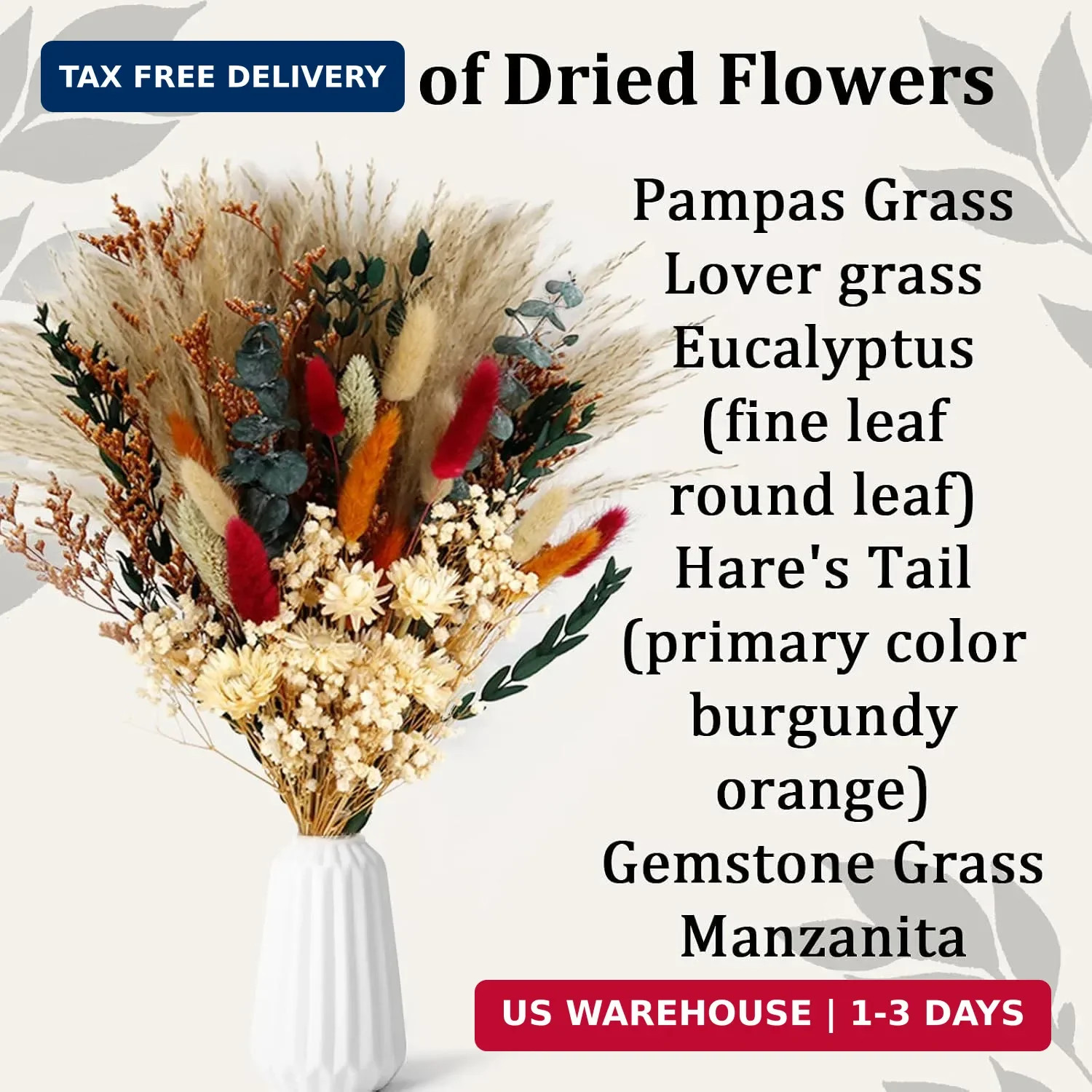 Dried Flower Bouquet,17″ Natural Dried Pampas Grass Decor, Boho Pampas Dried Flo