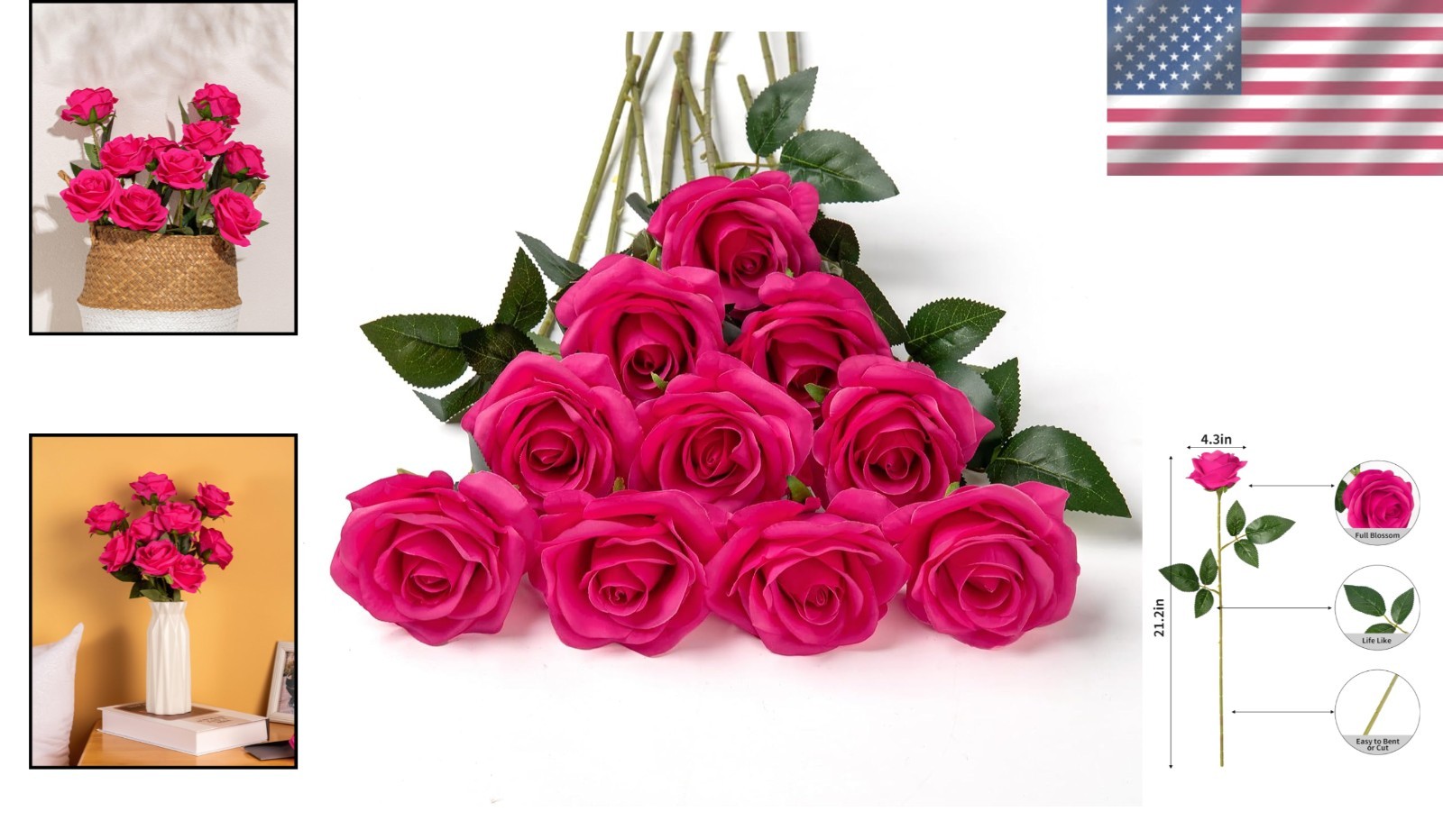 10 Beautiful Fuchsia Silk Roses – Perfect for Arrangements, Weddings & More