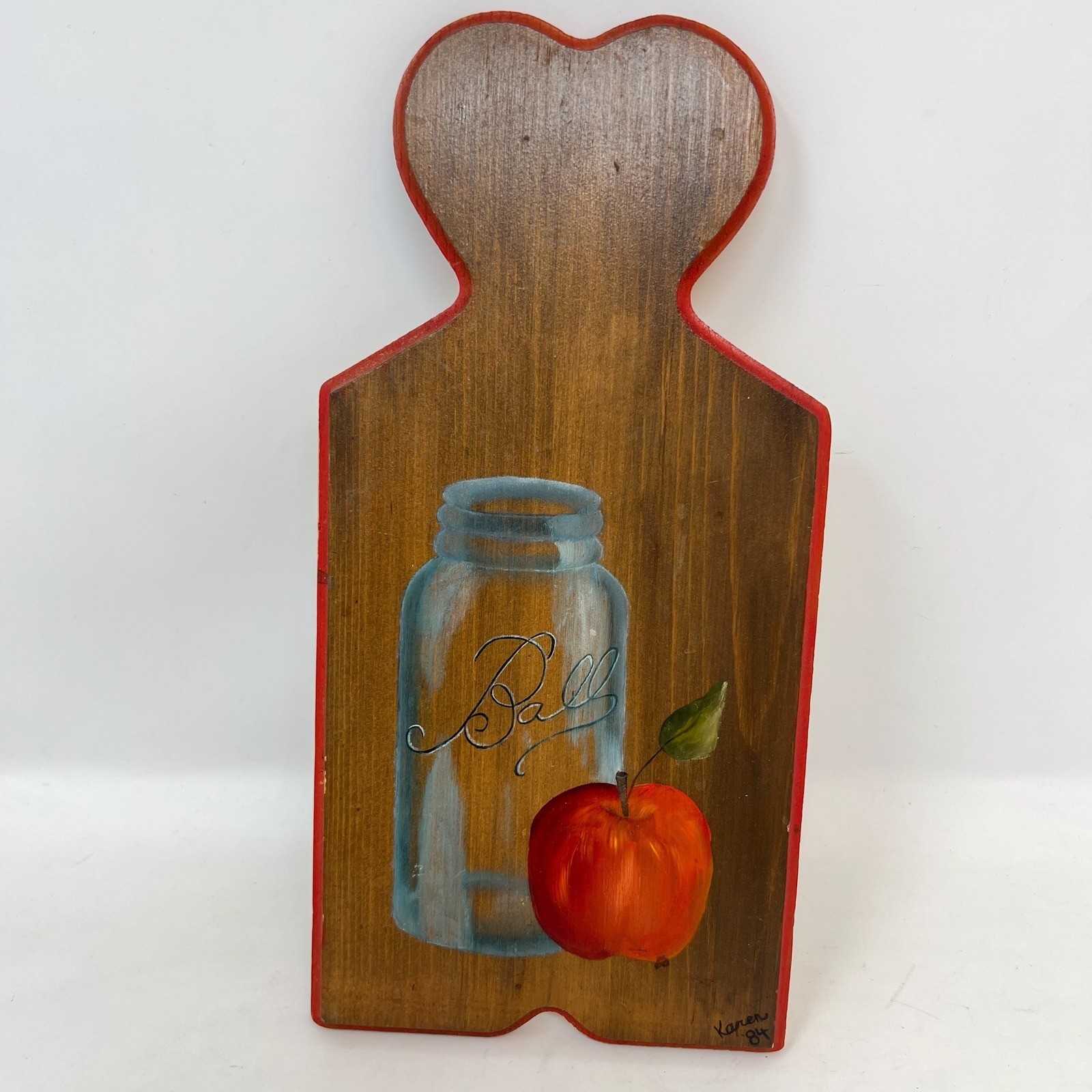 Vintage Painted Wooden Cutting Board Apple Ball Jar Wall Decor 11.5″ Signed