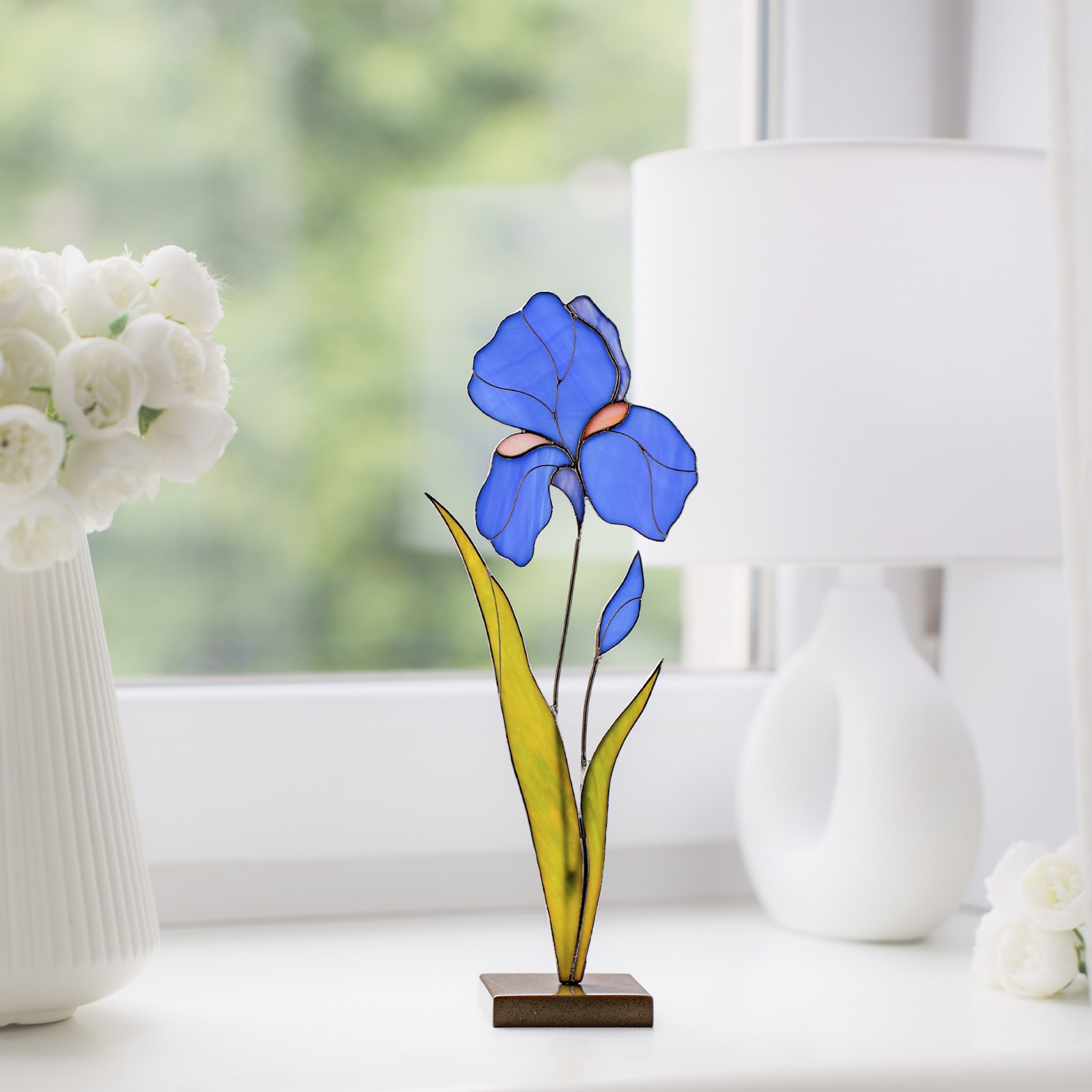 Iris Stained Glass Plant Decor – Faux Flower Table Art Gift for Her