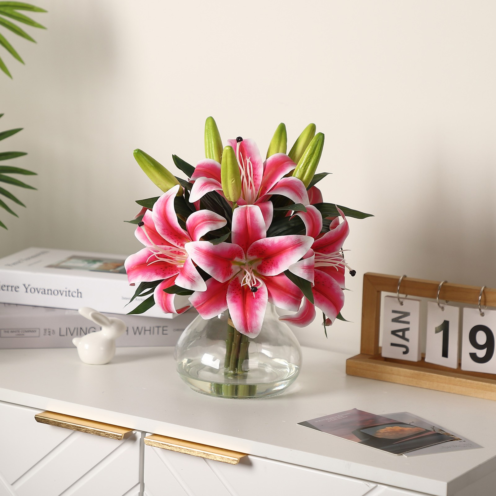 Artificial Tiger Lily Flowers w/ Glass Vase & Faux Water 13″ Floral Centerpiece