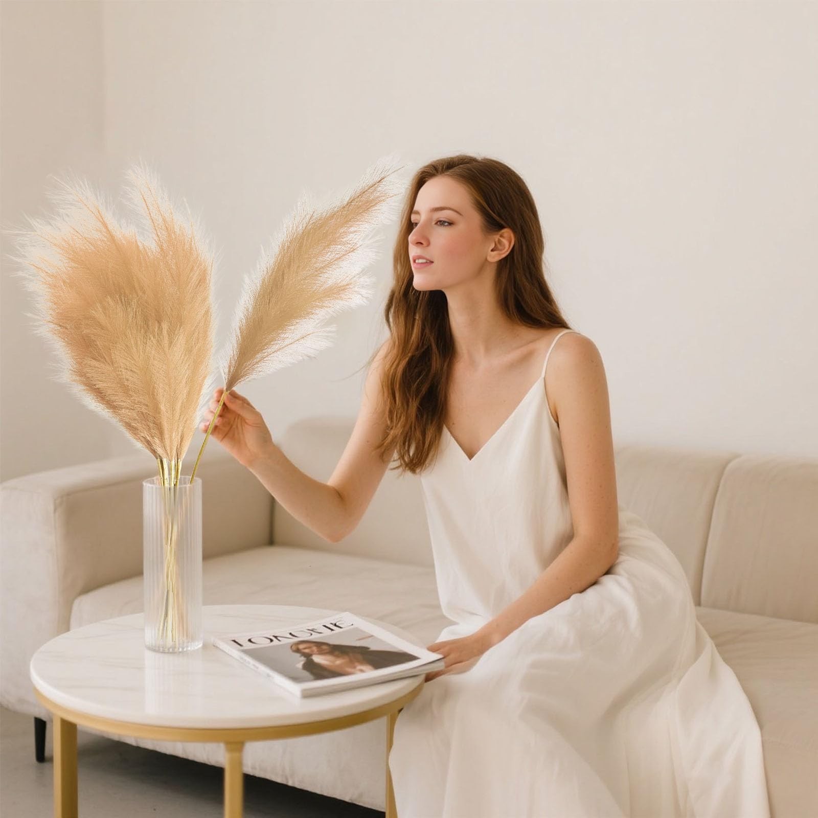 8 PCS Khaki Tall Faux Pampas Grass Decor 45 Inch Artificial Dried Vase Boho