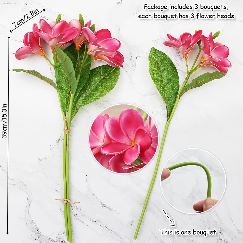 3 PCS Artificial Plumeria Flowers With Leaves,Lifelike Plumeria Frangipani Fl…