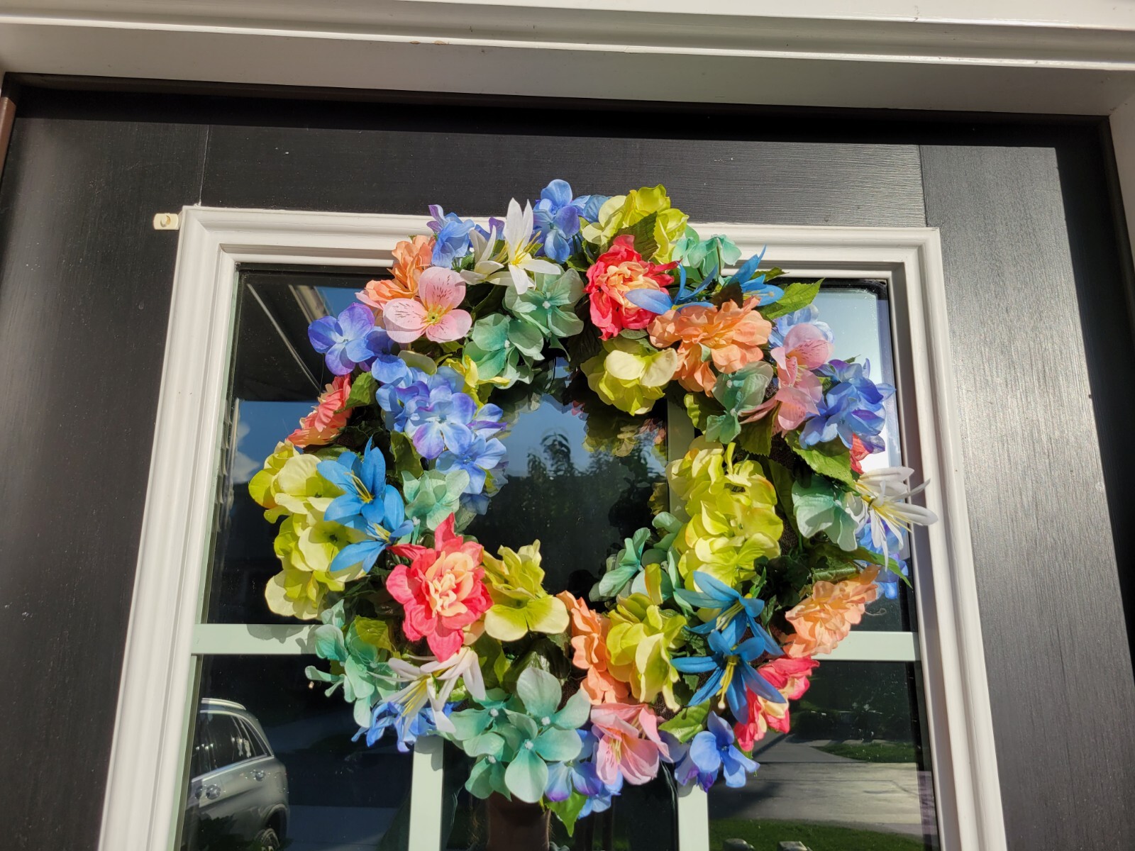 FLORAL one of a kind WREATH flowers Decor Front Door 16″ purple blue orange new