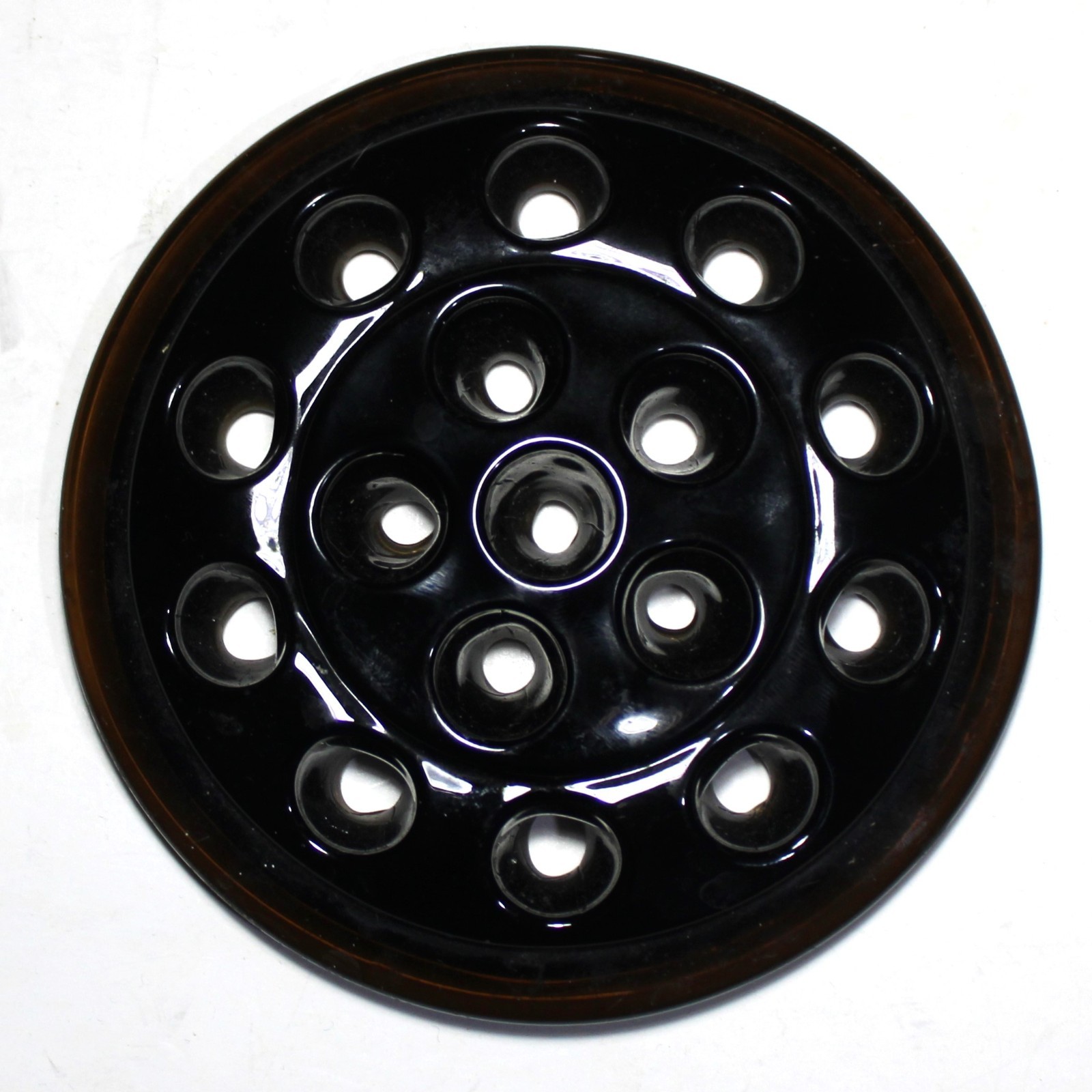 ANTIQUE DARK AMBER GLASS LARGE 16 HOLE ROUND GLASS FLOWER FRONG 5″ Diameter