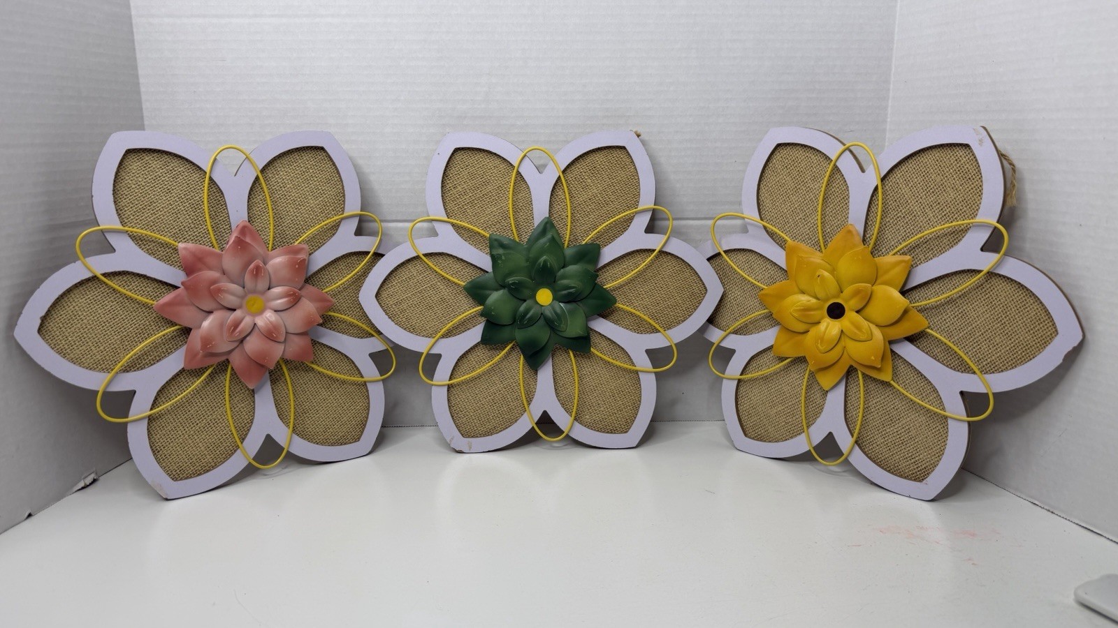 3 Wood Burlap & Metal 3D Flowers Decor Hanging 12” Wall Home Decor Wall Hanger